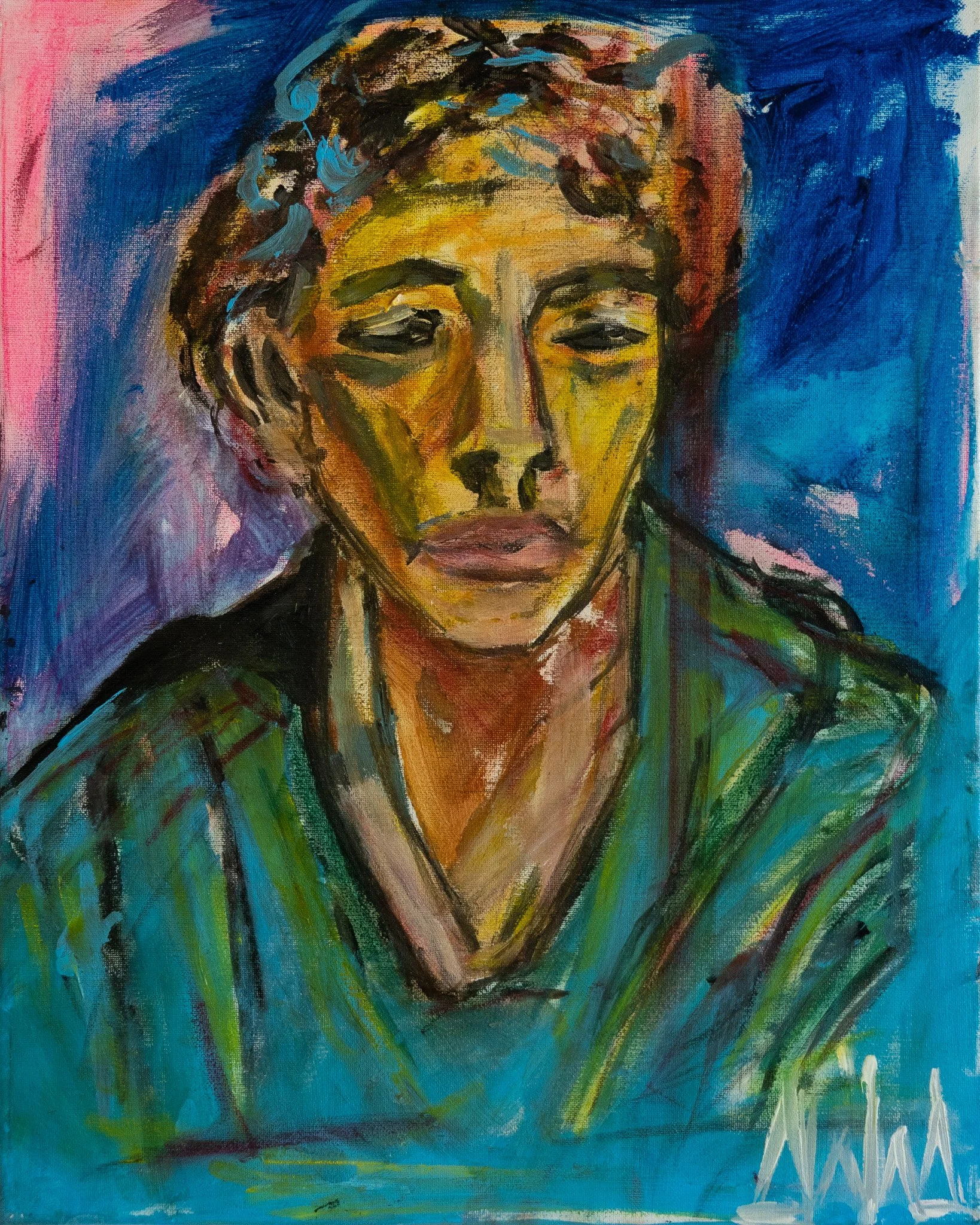 An abstract portrait painting of a person with short hair, using bold brush strokes and vibrant colors like blue, yellow, green, and pink, set against a multi-colored background.