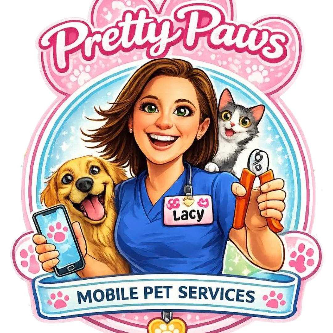 A cartoon illustration of a smiling woman wearing a blue shirt with a name tag that says "Lacy". She is holding a smartphone with a paw print on it, a happy dog, and a cat. The background has a pink and blue design with paw prints, and text at the top that says "Pretty Paws." There is a banner at the bottom that reads "Mobile Pet Services."