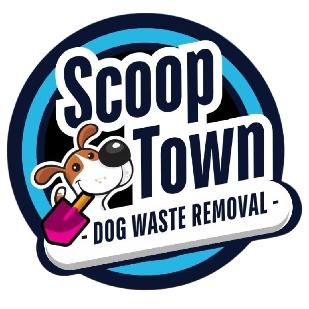 Logo for Scoop Town Dog Waste Removal featuring a cartoon dog holding a pink shovel.