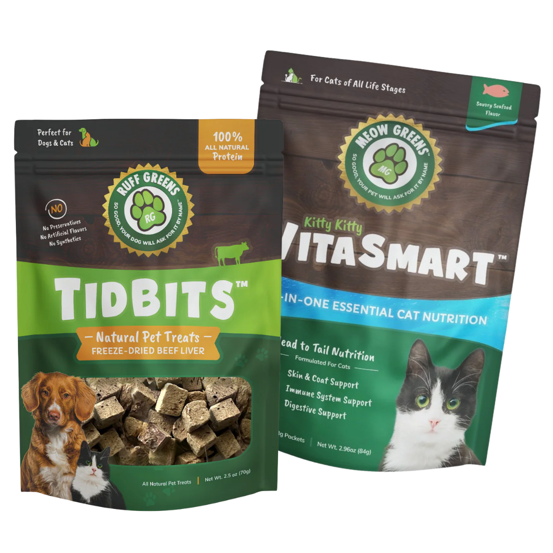 Two pet treat packages, one for dogs and one for cats. The dog treat is called Tidbits, made of freeze-dried beef liver, with images of a dog and a cat on the packaging. The cat treat is called Kitty Kitten VitA SMART, designed for cats, with a picture of a black and white cat on the packaging.