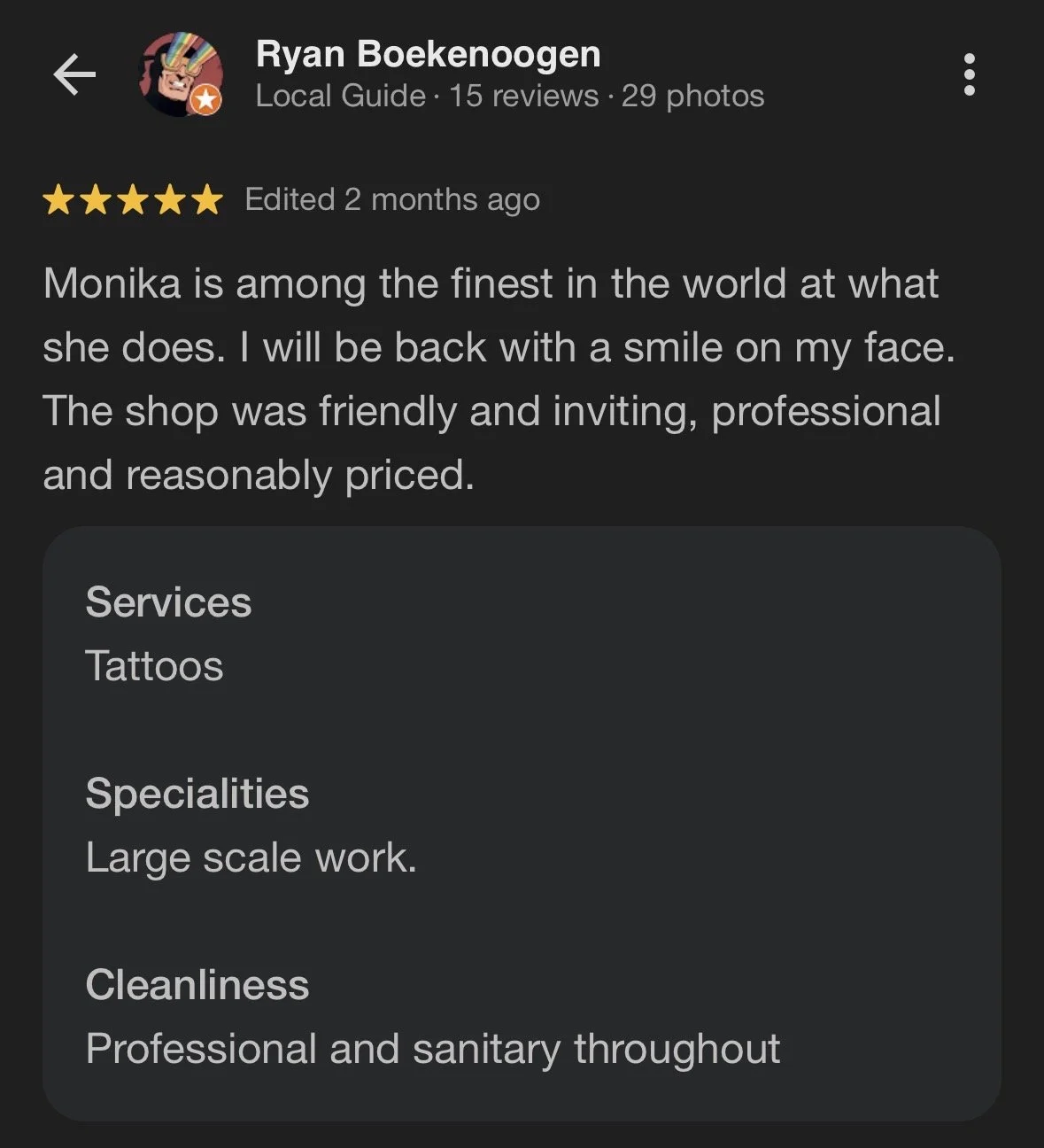 a positive review for tattoo experience with Monika Malewska