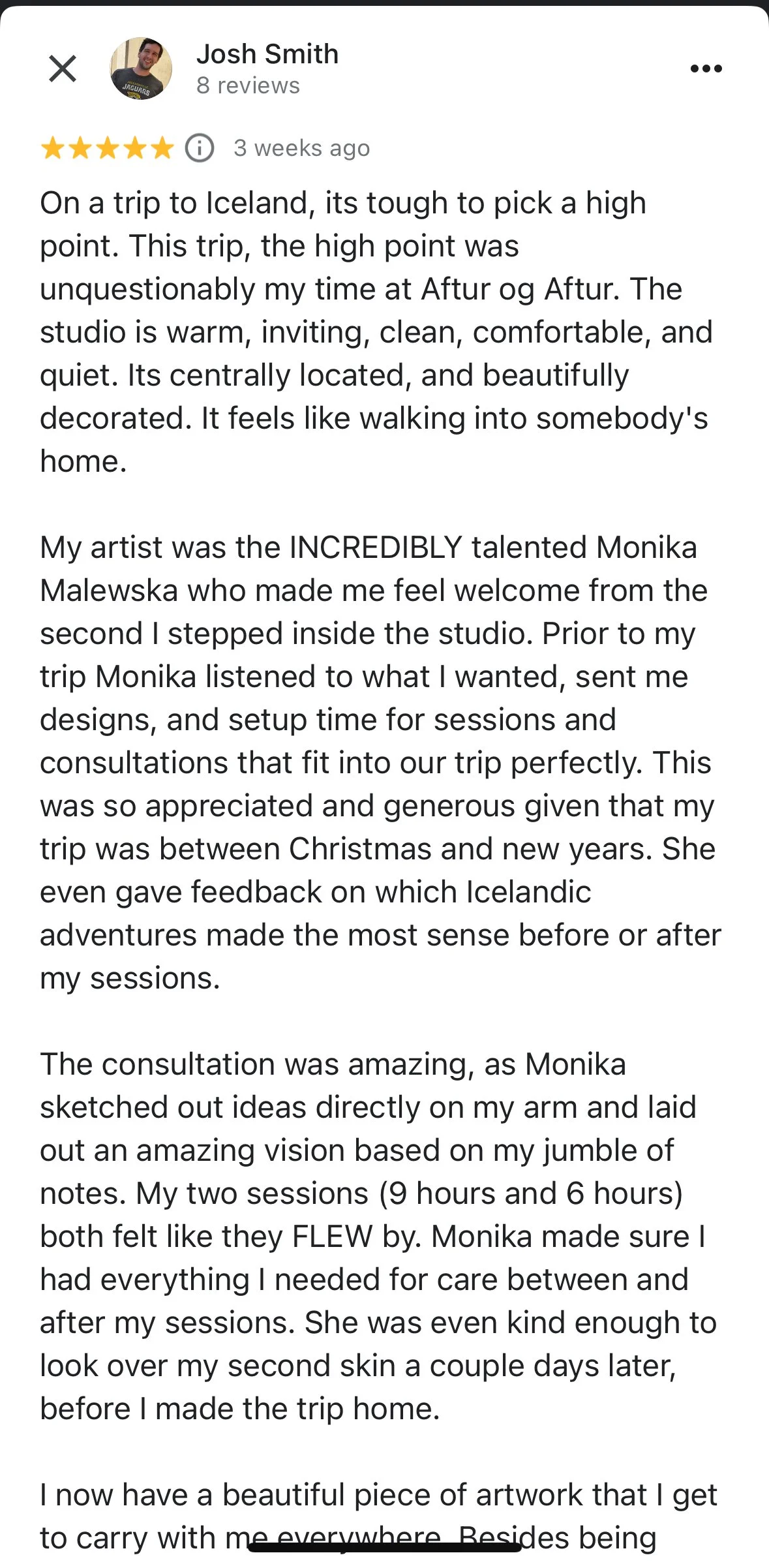 a positive review for tattoo experience with Monika Malewska