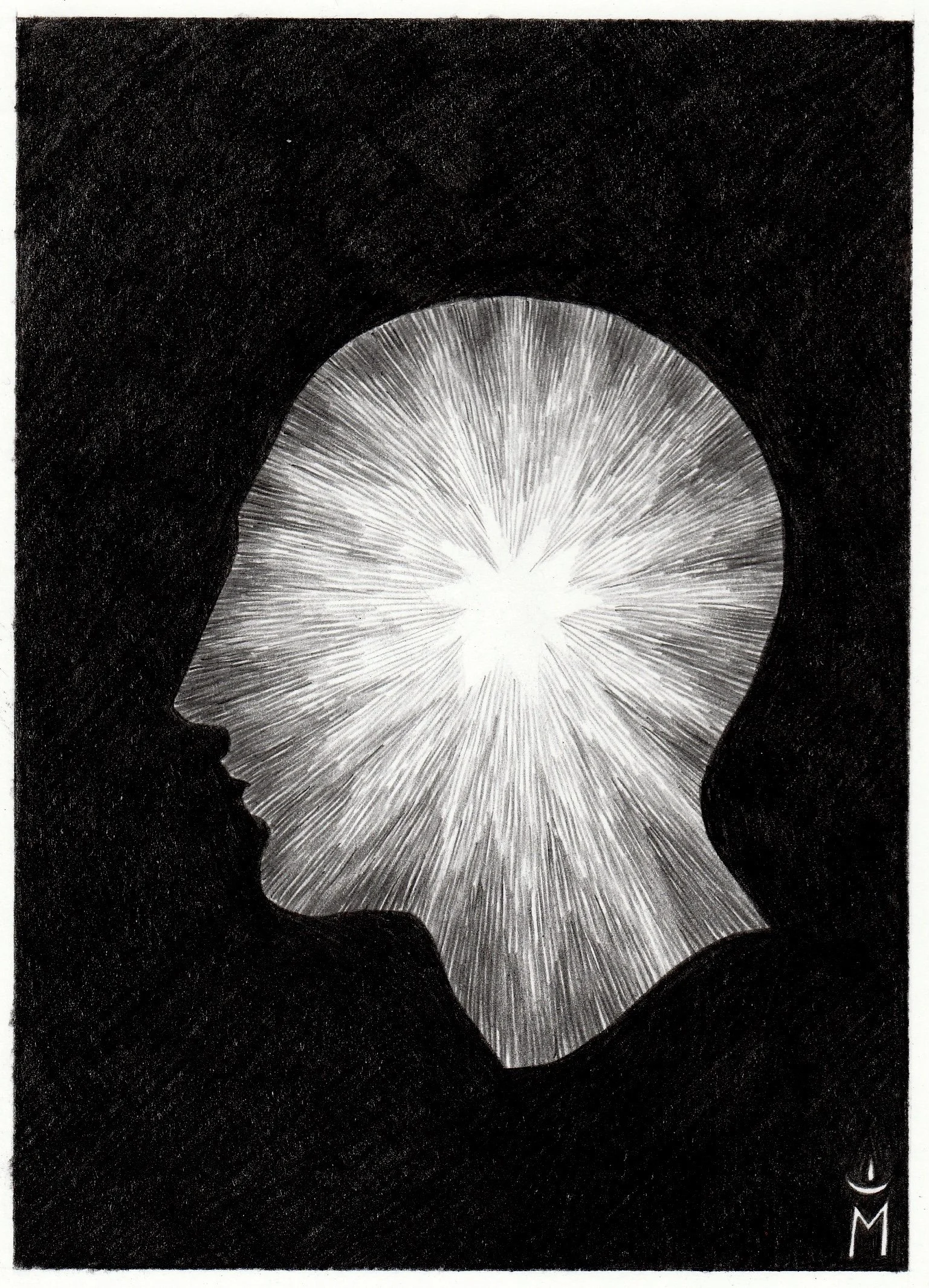 A black and white drawing of two human profiles facing each other, with a burst of light and radiating lines between them, resembling a brain or explosion of ideas.