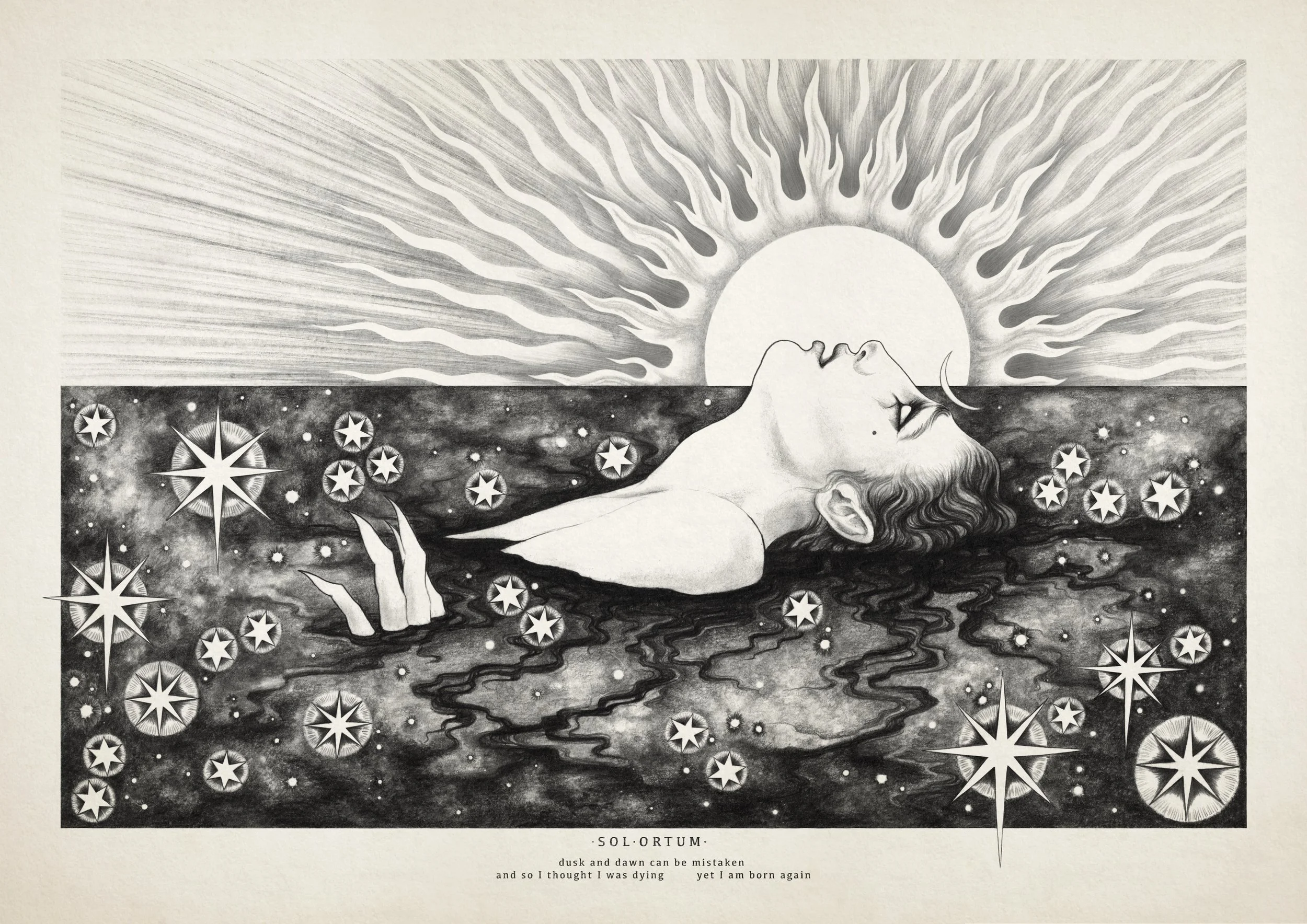 A black-and-white illustration of a woman lying in water with stars, set against a background of a rising sun with radiating rays.