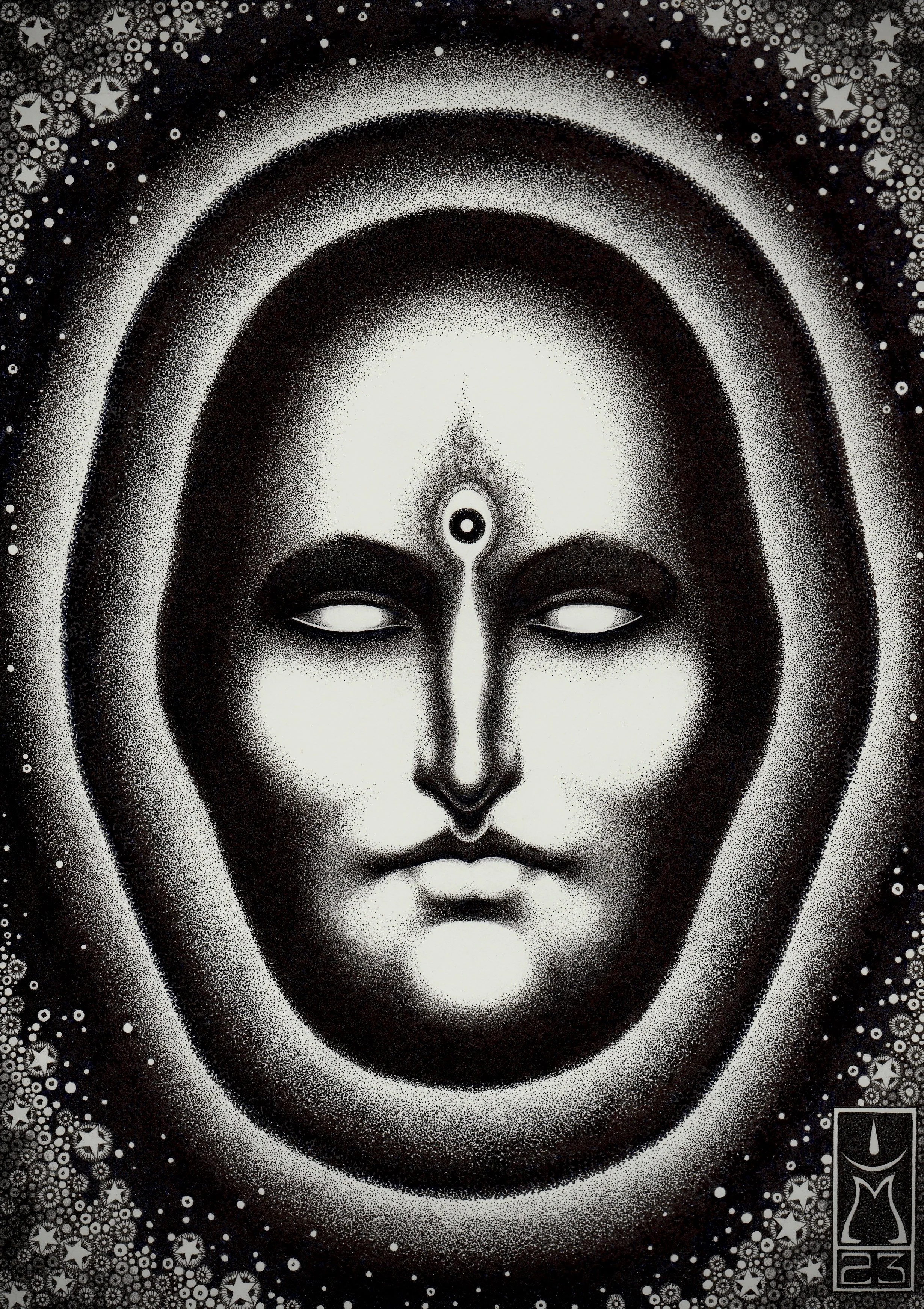 A monochrome portrait of a divine or mystical face with closed eyes, a third eye on the forehead, surrounded by geometric patterns and stars.