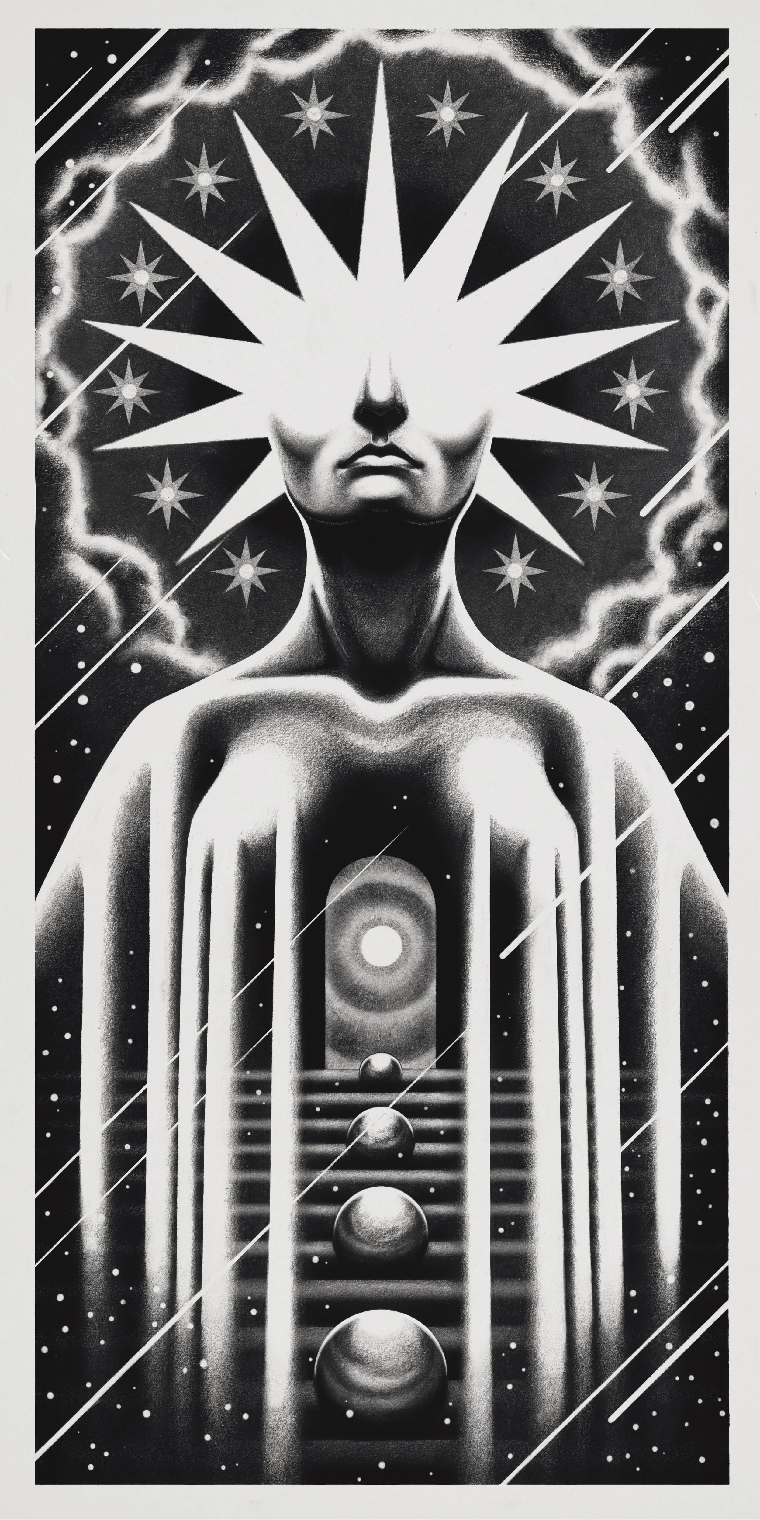 A black and white surreal artwork depicting a human figure with a featureless face, surrounded by celestial imagery such as stars, planets, and cosmic rays, with a staircase leading into a bright light in the chest area.