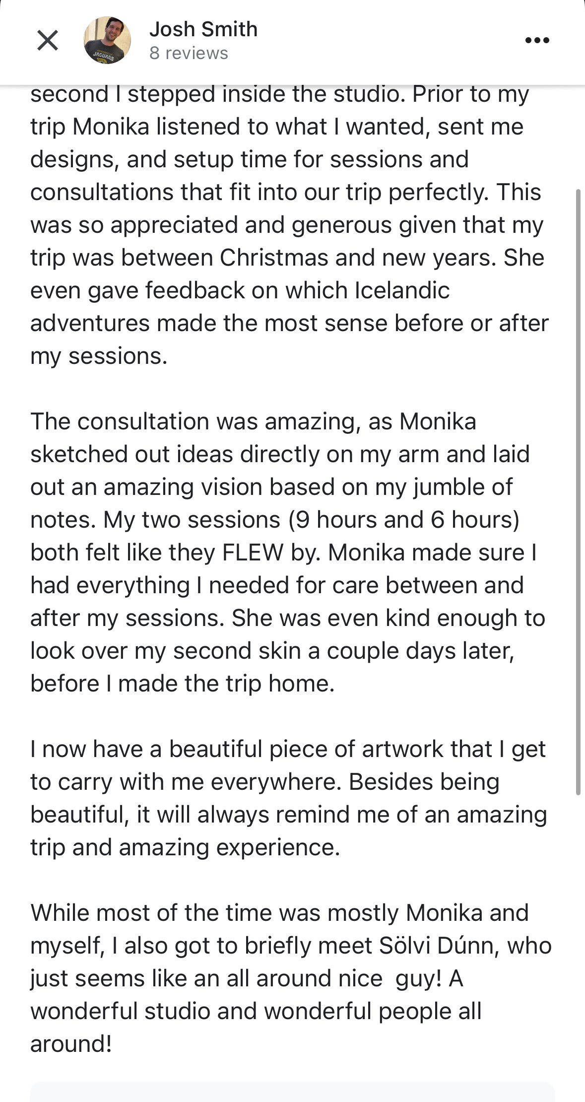 a positive review for tattoo experience with Monika Malewska