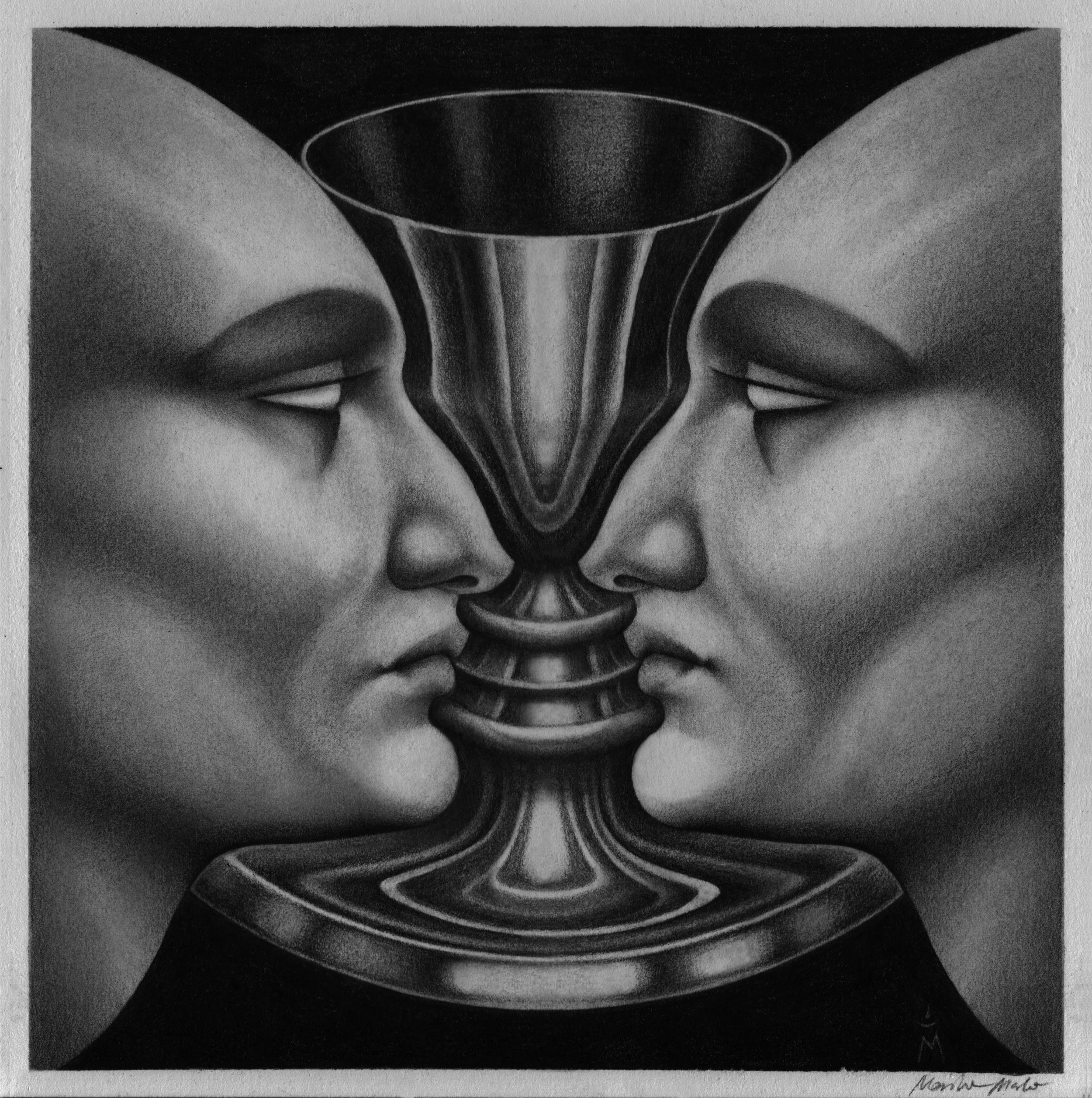 A black and white surreal artwork showing two human faces in profile, facing each other, with a chalice or vase in between them, sharing a symmetrical, abstract design.