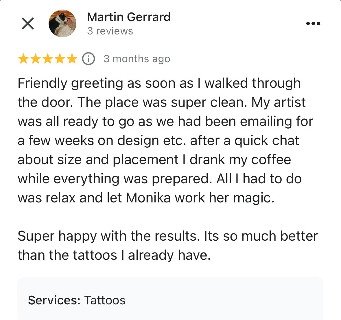 a positive review for tattoo experience with Monika Malewska