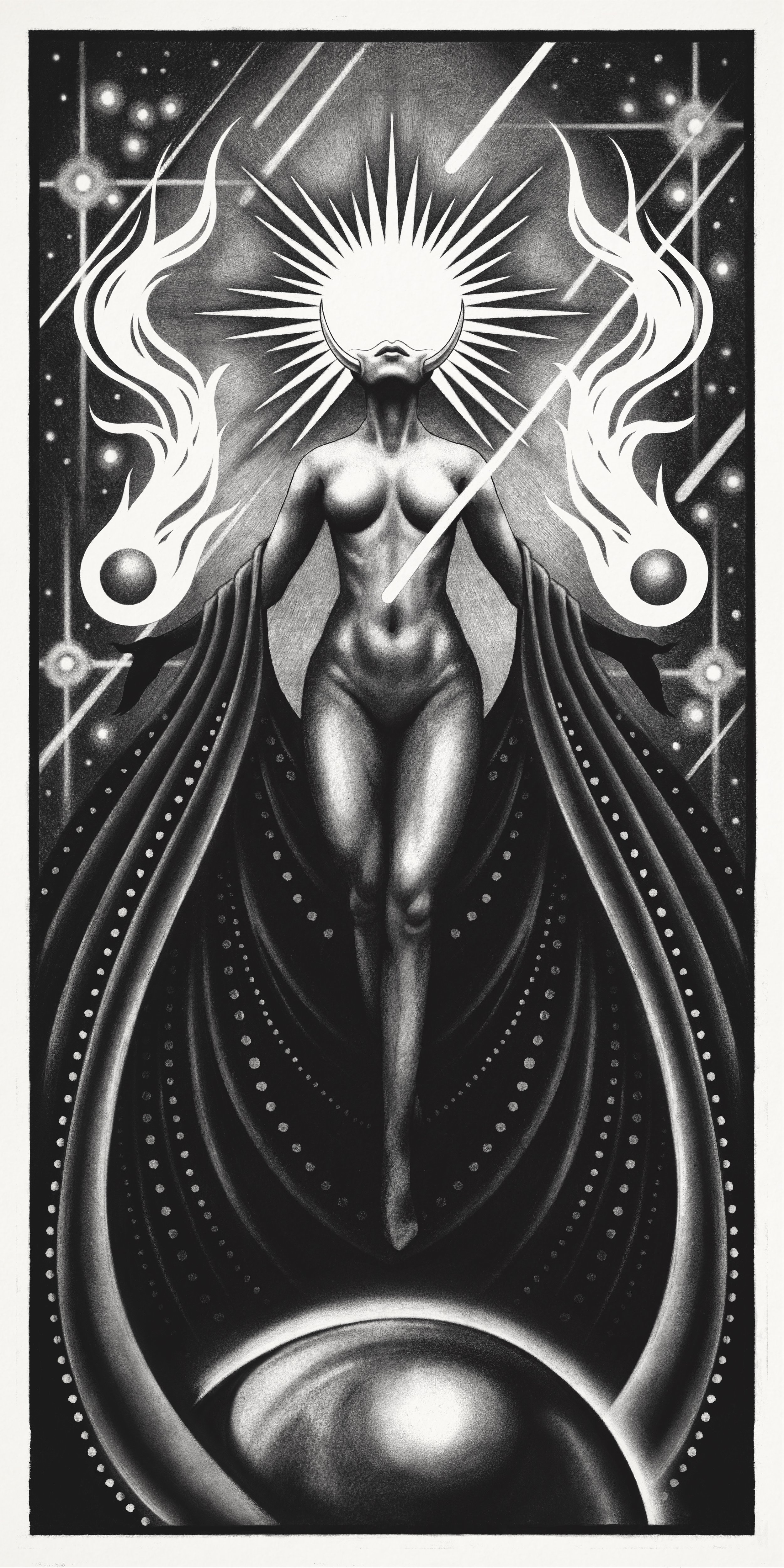 A black and white surreal artwork featuring a nude female figure with a sun-like halo and horned face, surrounded by celestial elements like shooting stars, planets, and abstract patterns.