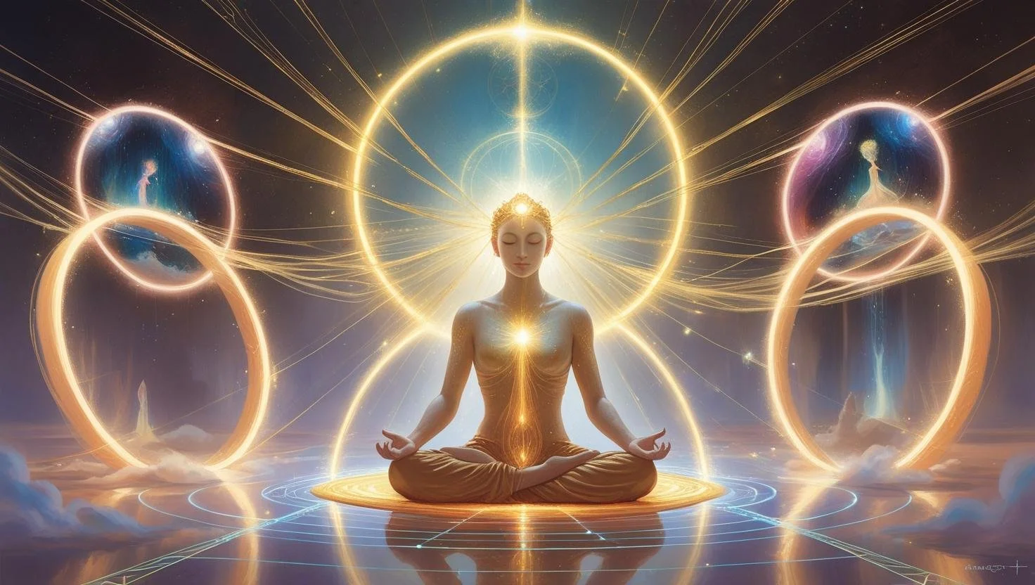 Slide 5 – Quantum Thread Connection_Visual Prompt__Fine golden threads stretch from the figure’s crown and solar plexus, extending outward into multiple light portals shaped like glowing rings. Each ring contains faint visions of other .jpg