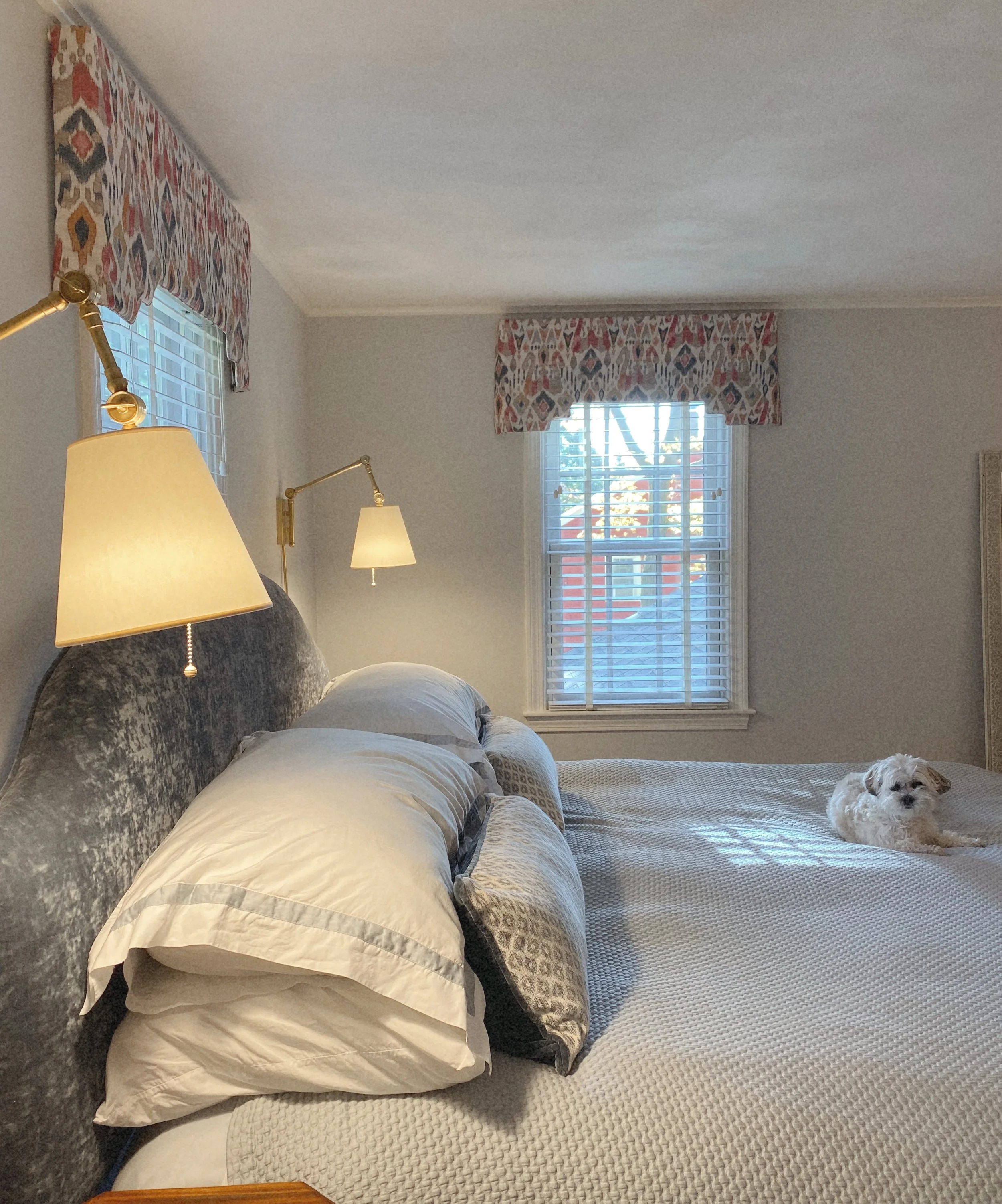 A cozy bedroom with a large bed, multiple pillows, and a small white dog lying on the bed. There are two windows with patterned valances, and wall-mounted lamps above the bed provide lighting.
