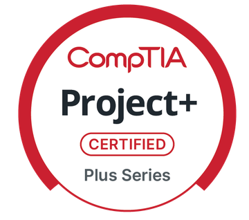 CompTIA Project+ Certified Plus Series logo with red and black text inside a red circle