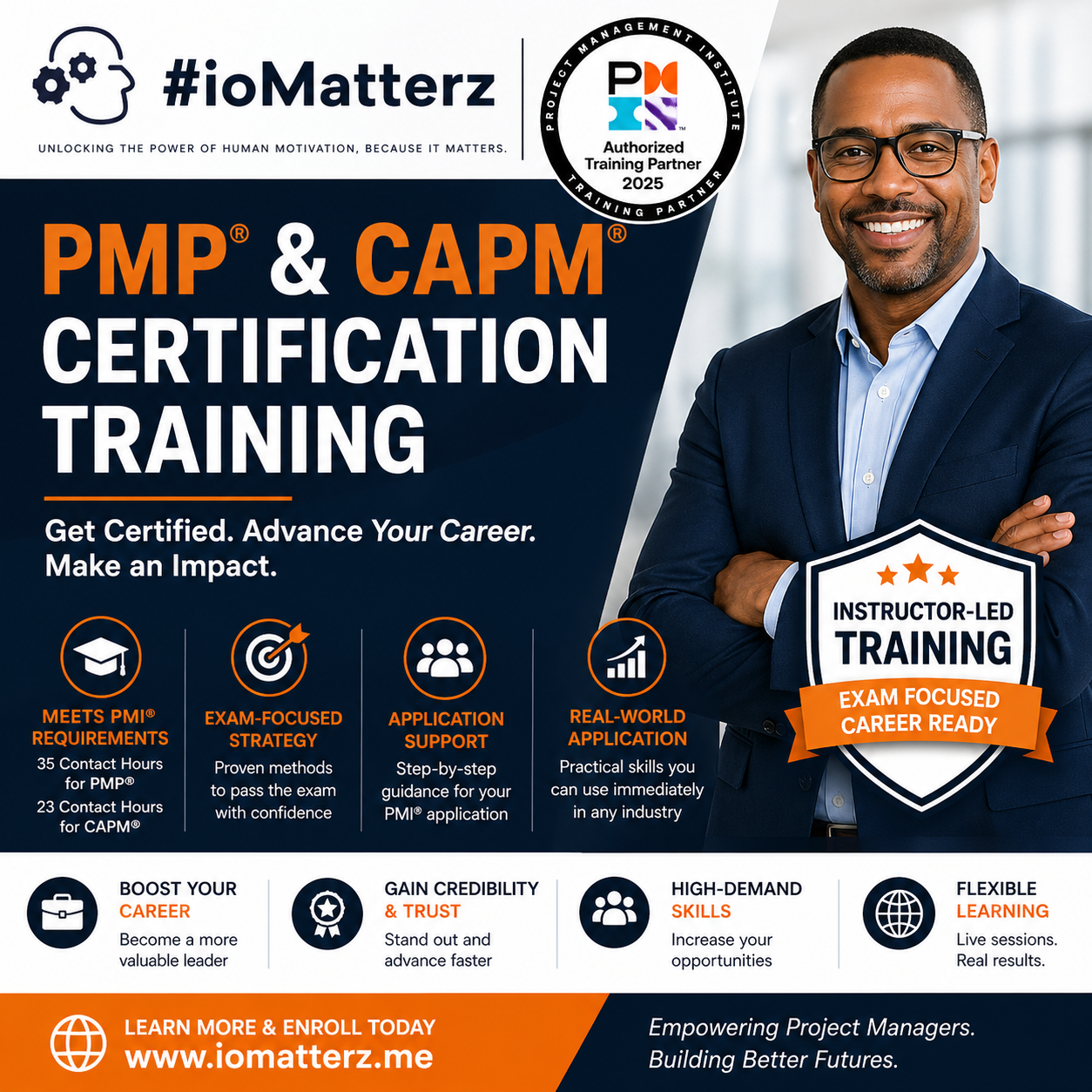Advertisement for PMP and CAPM certification training by ioMatterz, featuring a smiling man in a suit with crossed arms, emphasizing exam-focused career readiness and real-world skills, with icons highlighting meeting PMI requirements, exam strategy, application support, and career benefits.