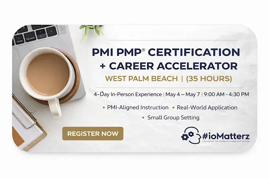 Advertisement for PMI PMP certification and career accelerator in West Palm Beach, 35 hours, on May 4 to May 7, from 9:00 AM to 4:30 PM, featuring a coffee cup, laptop, and small plant.