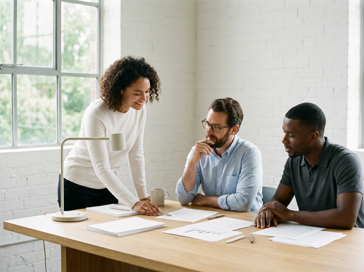 Three young professionals in a meeting room with papers, pens, and a coffee mug on a wooden table, engaging in discussion.