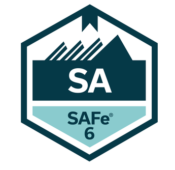SAfe 6 certification badge with mountain and mountain range graphic.