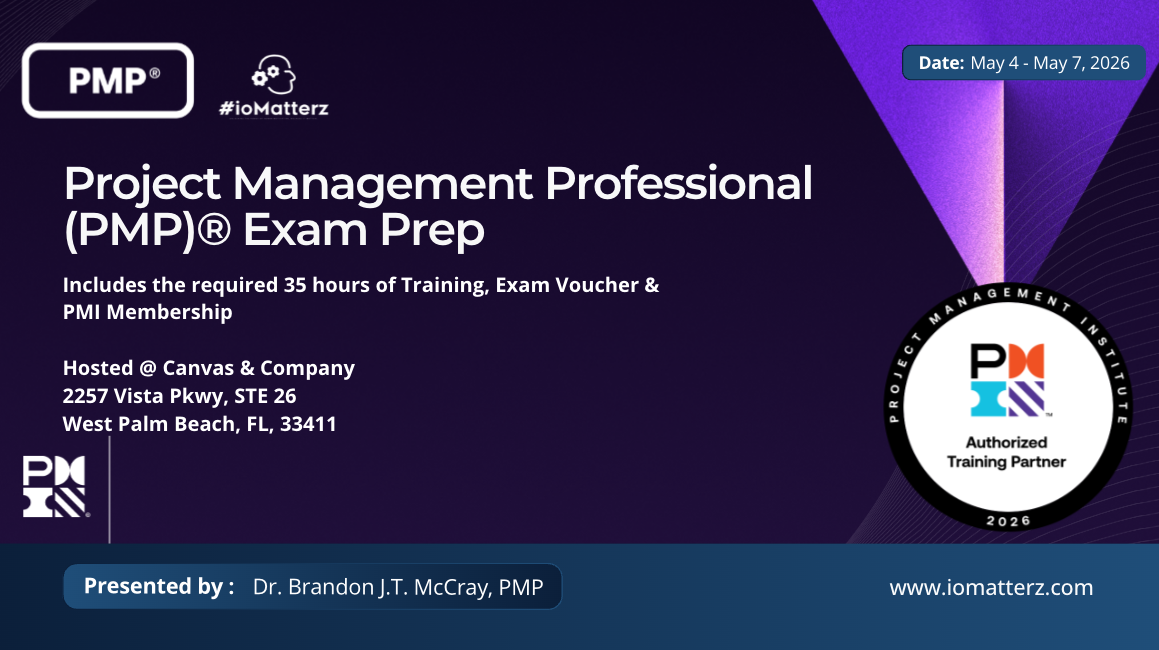 Advertisement for PMI PMP certification and career accelerator in West Palm Beach, 35 hours, on May 4 to May 7, from 9:00 AM to 4:30 PM, featuring a coffee cup, laptop, and small plant.