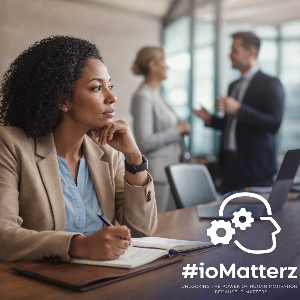A thoughtful woman taking notes at a conference table while two people converse in the background in a modern office setting.