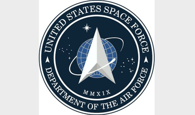 United States Space Force emblem with a stylized spaceship, Earth, and stars, and Roman numerals MMXIX