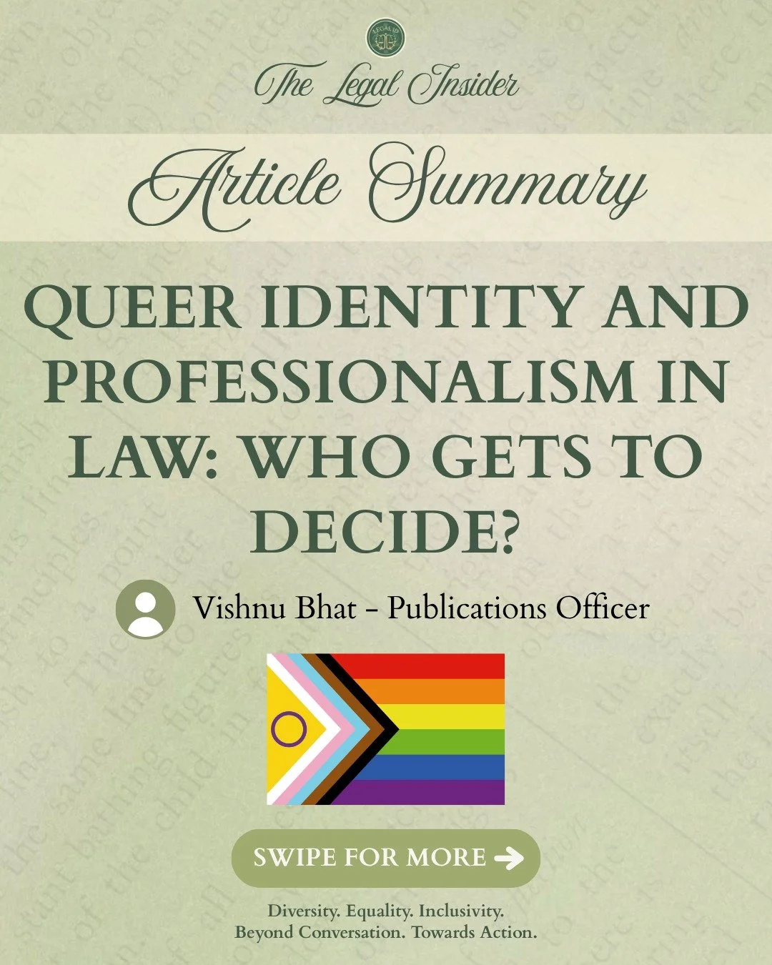 🚨 THE LEGAL INSIDER | ARTICLE 2 - KEY TAKEAWAYS🚨

*Queer Identity and Professionalism in Law: Who Gets to Decide?* 🌈⚖️

What does it really mean to be "professional" in law?
A rainbow logo is easy. A workplace where you never have to edi