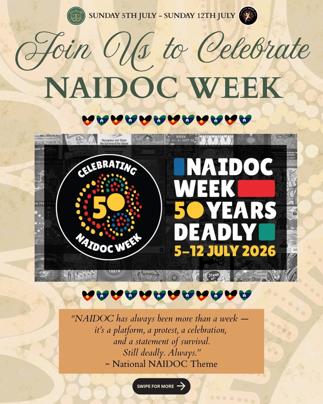 🖤💛❤️ NAIDOC Week 2026 - Celebrating 50 Years of Deadly 💚💙🤍

NAIDOC Week is an opportunity to celebrate the histories, cultures, achievements and enduring contributions of First Nations peoples, while reflecting on the role each of us has in adva