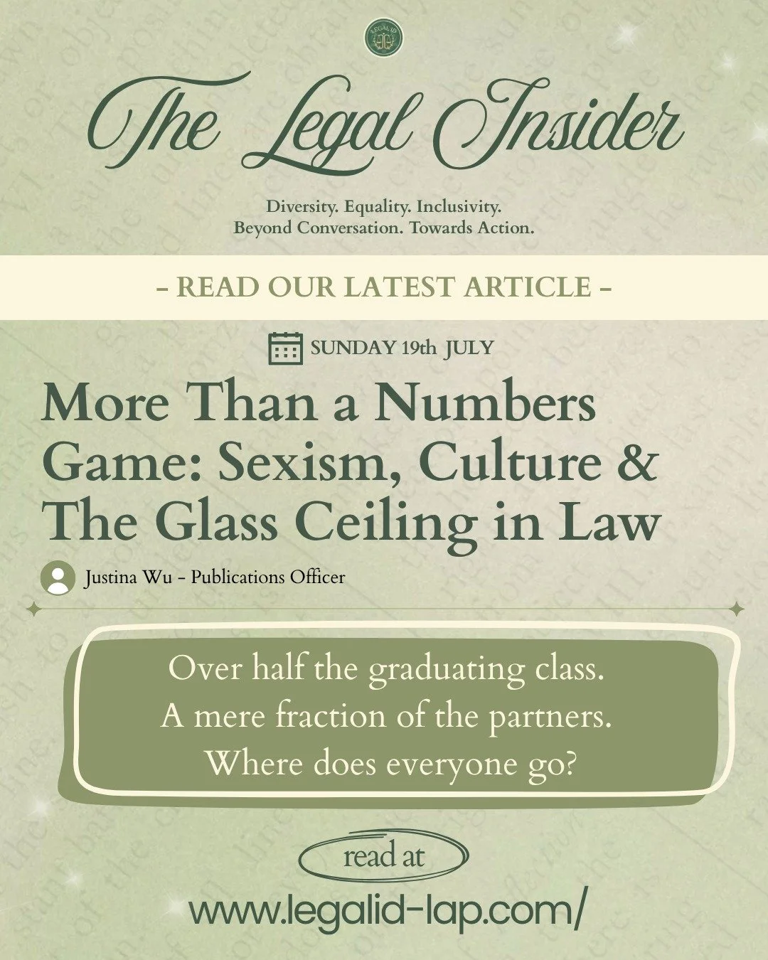 🚨 *THE LEGAL INSIDER | ARTICLE 3* 🚨

*More Than a Numbers Game: Sexism, Culture &amp; The Glass Ceiling in Law* 👩&zwj;⚖️⚖️

Over half the graduating class.
A fraction of the partners.
Where does everyone go?

In the third edition of The Legal Insi