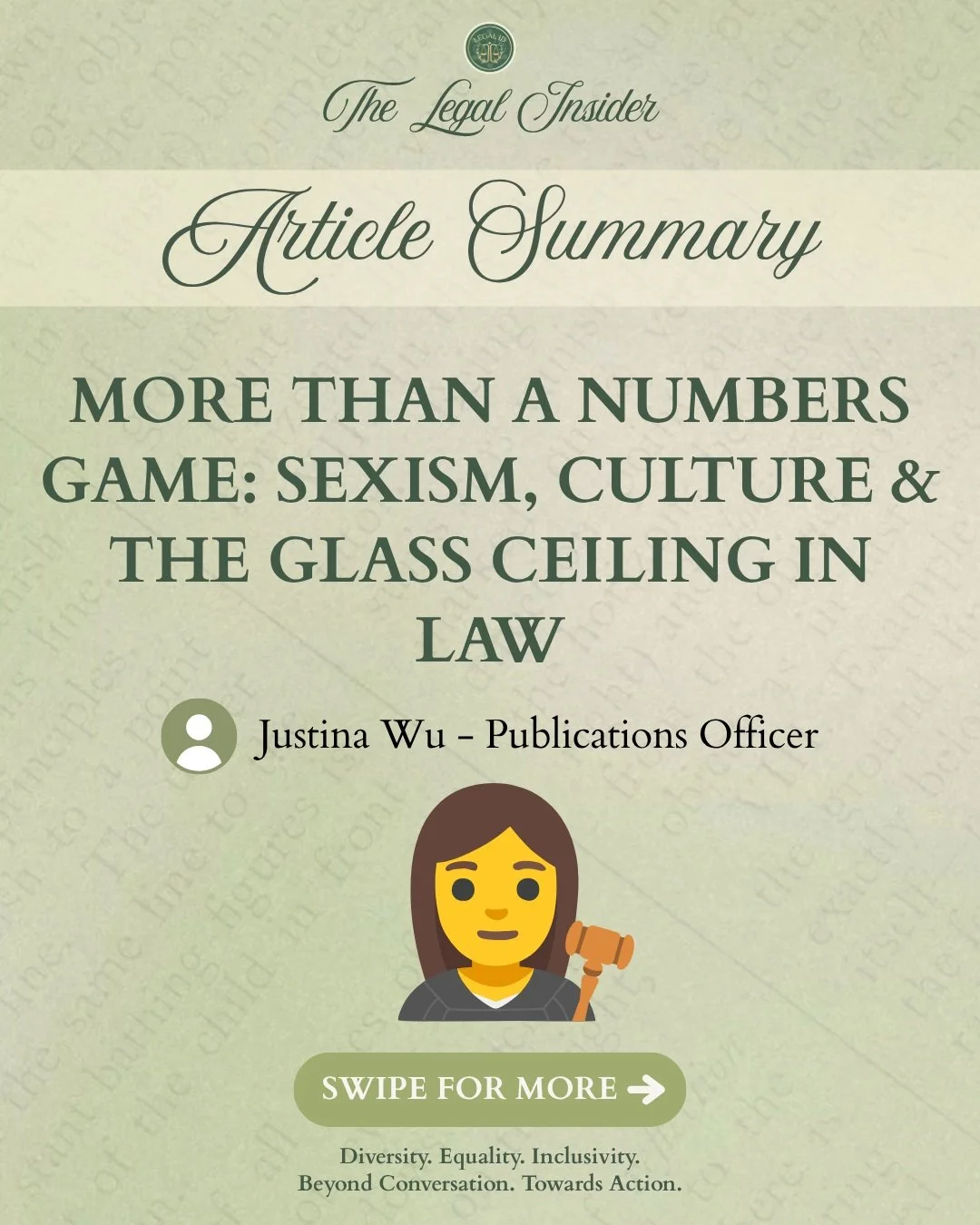 🚨 THE LEGAL INSIDER | ARTICLE 3 - KEY TAKEAWAYS🚨

*More Than a Numbers Game: Sexism, Culture &amp; the Glass Ceiling in Law?*👩&zwj;⚖️⚖️

Over half the graduating class.
A mere fraction of the partners.
Where does everyone go?
Representation matter