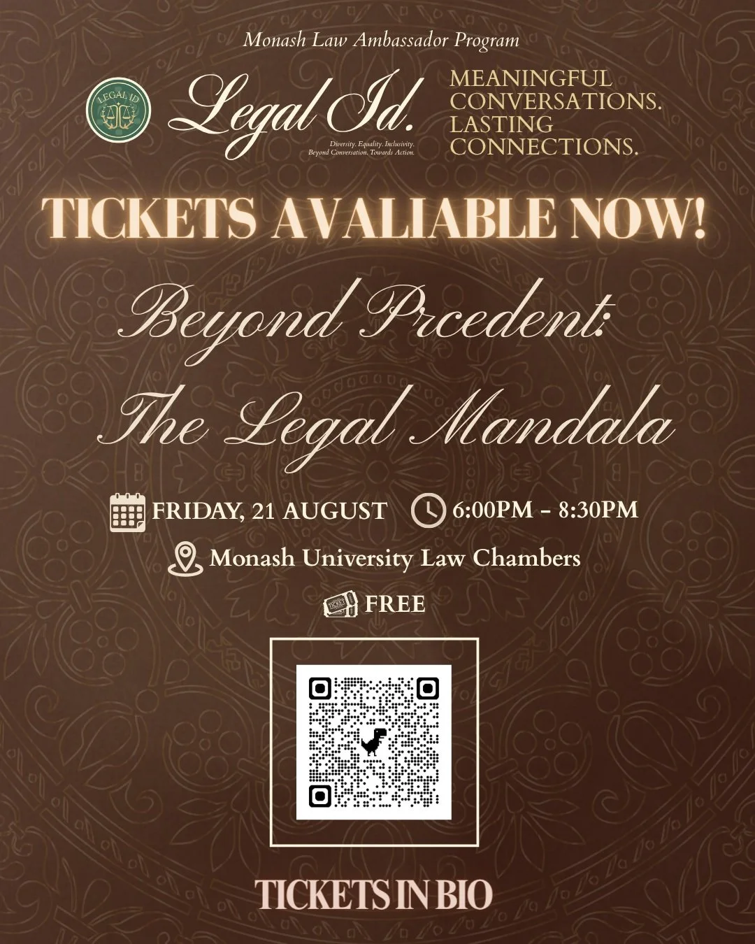 🎟️ **TICKETS ARE AVAILABLE NOW!** 🎟️ 
Join us at Beyond Precedent: The Legal Mandala, Legal ID's flagship networking and panel event.

This is your chance to connect with legal professionals from commercial law firms, Community Legal Centres, Victo