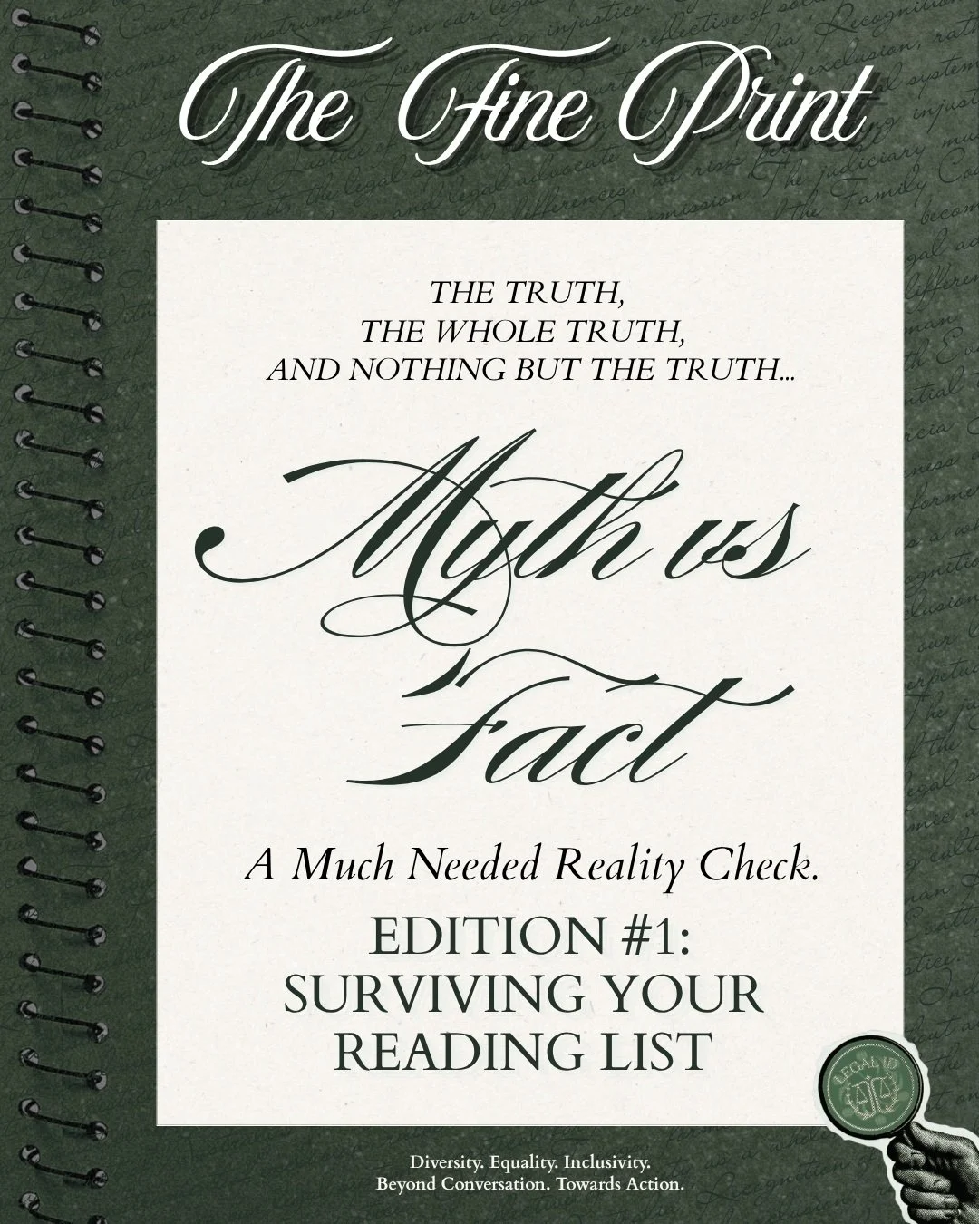 🔍 THE FINE PRINT | #4 🔍 
*MYTH vs FACT: Surviving Your Reading List 📚⚖️*
Law school comes with a lot of expectations! Often you feel like you need to do every reading, remember every case, get the best marks, secure a clerkship and somehow have yo