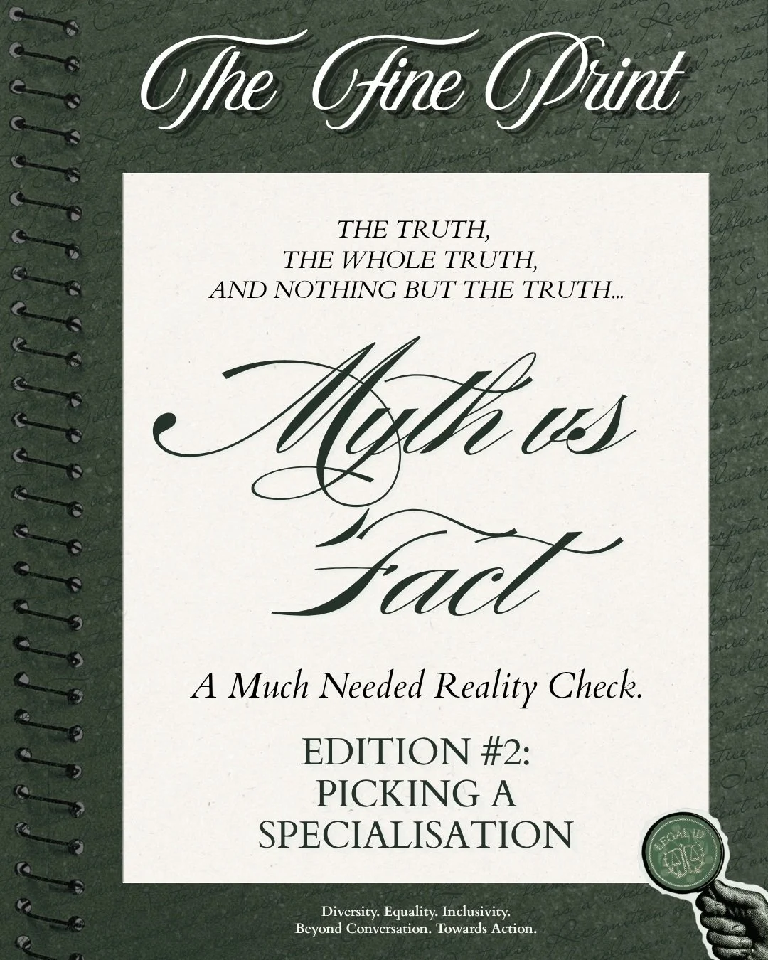 🔍 THE FINE PRINT | #5 🔍
*MYTH vs FACT: Picking a Specialisation 💼⚖️*
Law school can sometimes make you feel like you need to have your entire career figured out, including exactly what area of law you want to practise in.

Reality check: you don&r