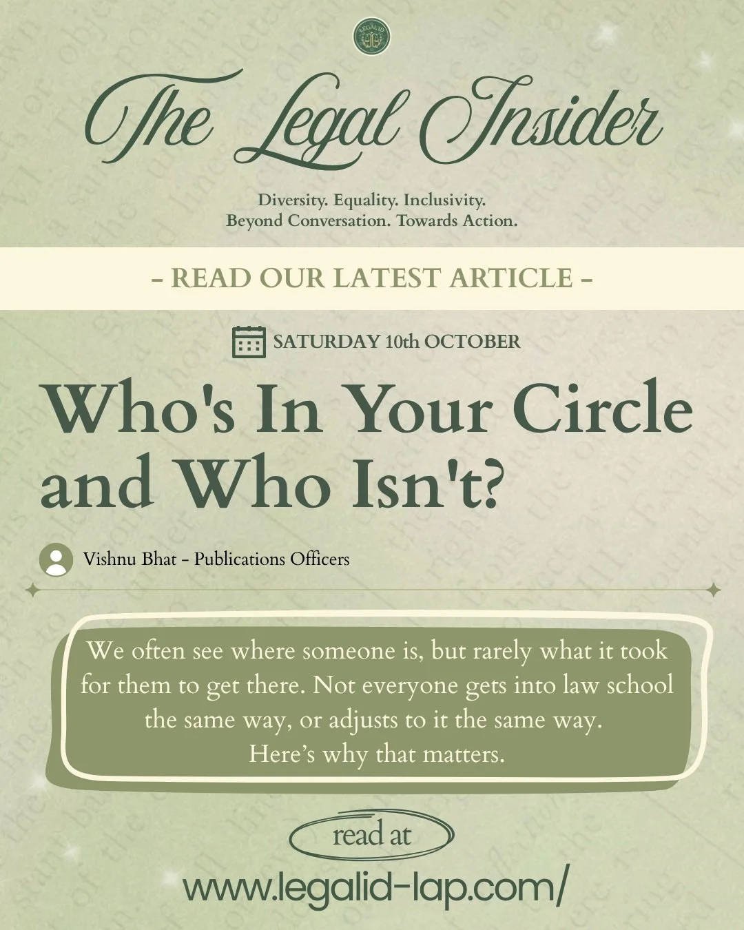 🚨 *THE LEGAL INSIDER | ARTICLE 6 &amp; ITS KEY TAKEAWAYS* 🚨

*Who's In Your Circle and Who Isn't?* ⚖️

Not everyone gets into law school the same way, or adjusts to it the same way. Here's why that matters.

Same law school. Different pathways. Dif