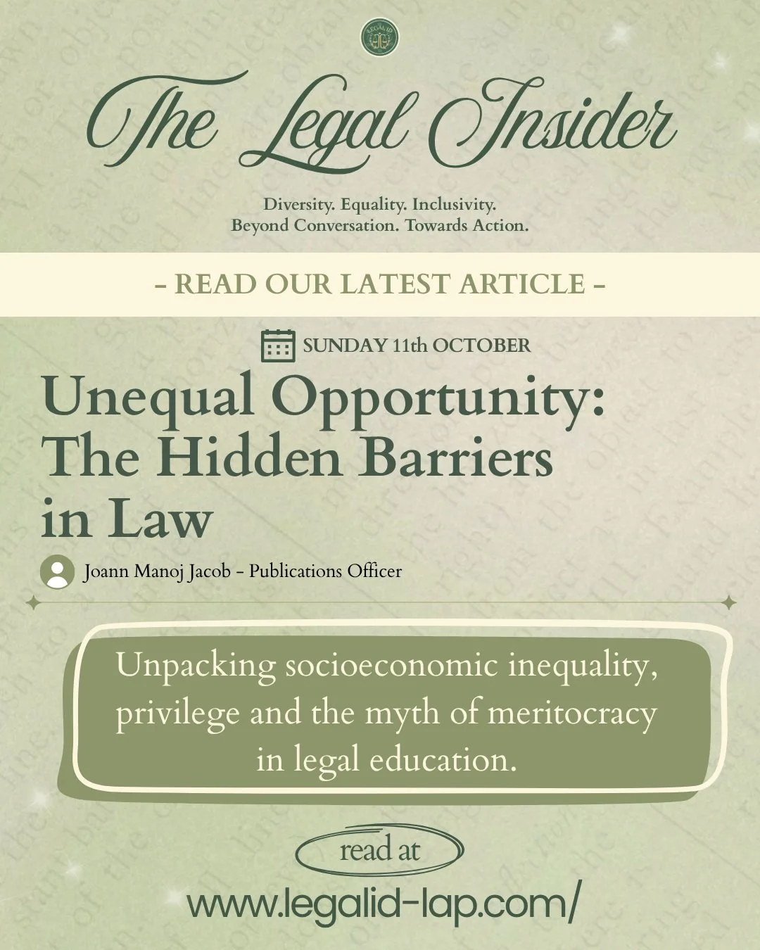 🚨 *THE LEGAL INSIDER | ARTICLE 7 &amp; ITS KEY TAKEAWAYS* 🚨

*Unequal Opportunity: The Hidden Barriers in Law* ⚖️

Unpacking socioeconomic inequality, privilege and the myth of meritocracy in legal education.

Same degree. Same expectations. Differ