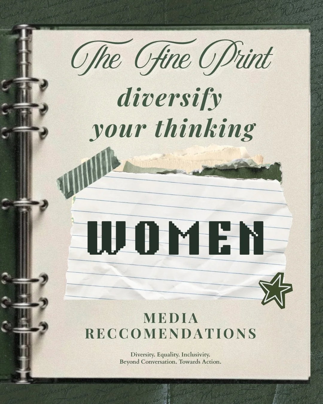 🔍 THE FINE PRINT | #10 🔍
*Diversify Your Thinking: Women Edition*

We all have a responsibility to broaden the stories we listen to, the perspectives we seek out and the voices we make space for.

Check out our recommended books, films, podcasts, a