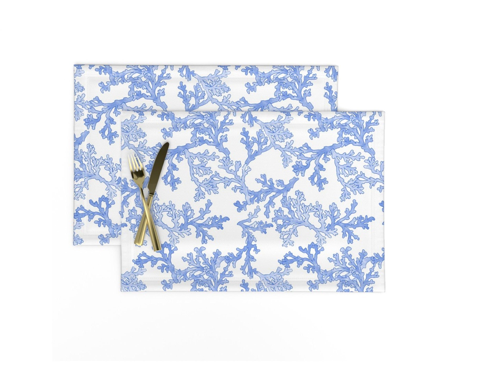 Blue and White Coral Watercolor pattern on 2 cloth placemats
