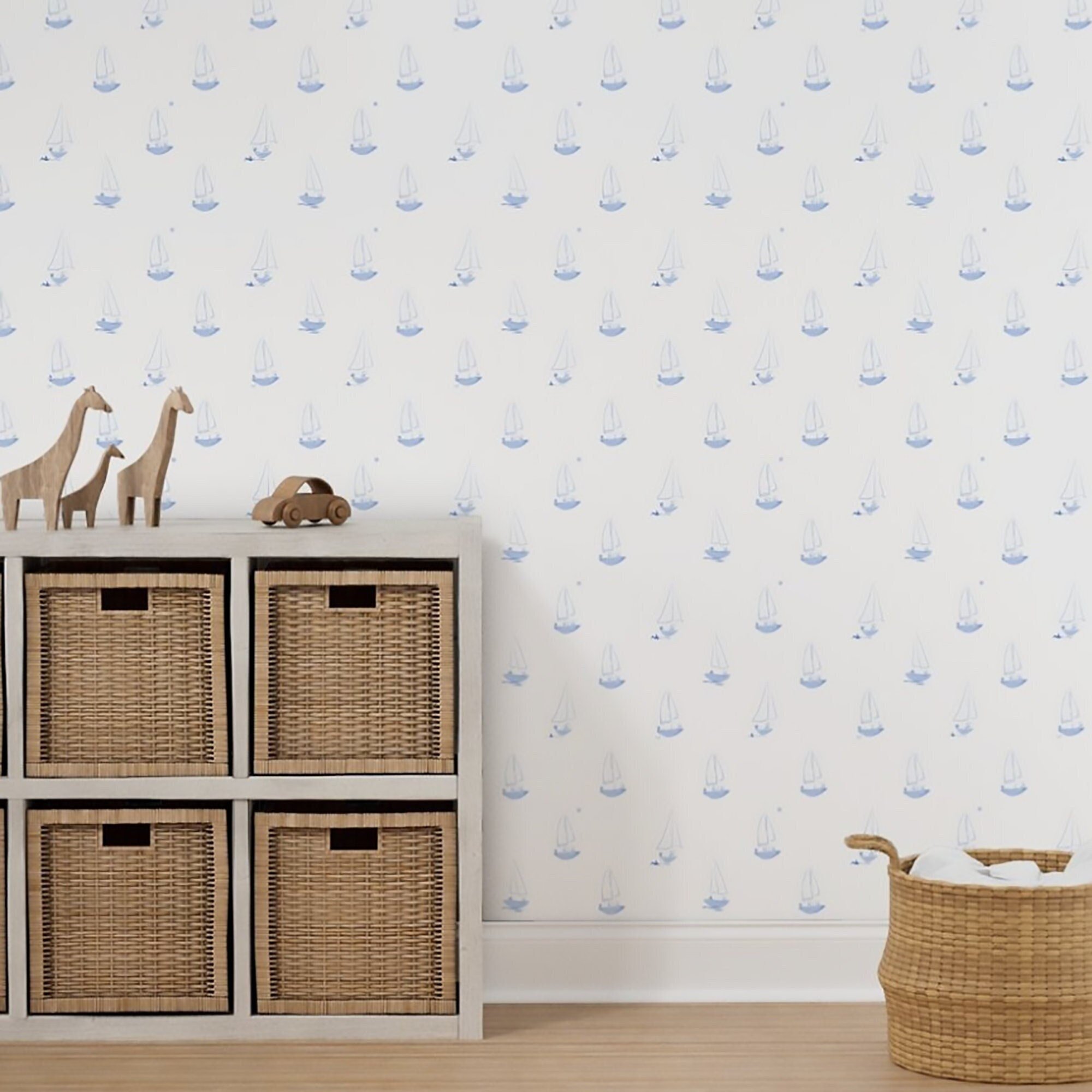 Boy nursery with blue and white sailboat themed removable wallpaper (Copy)