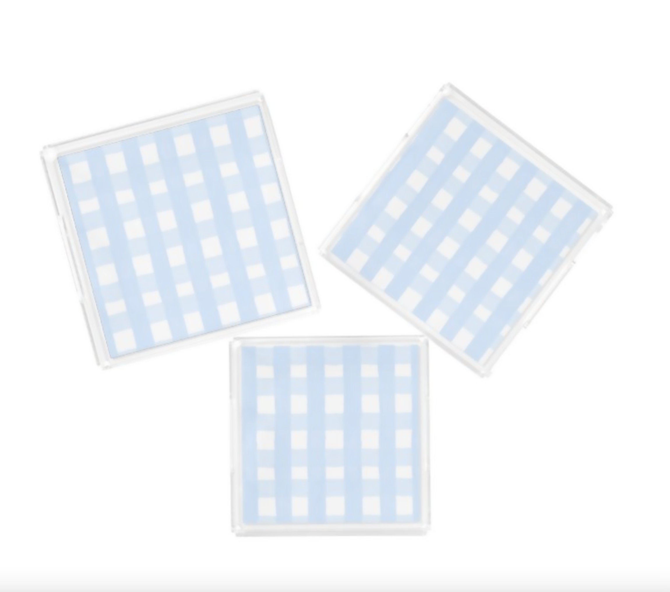 Blue and White Gingham Square Lucite Trays in Small, Medium, and Large