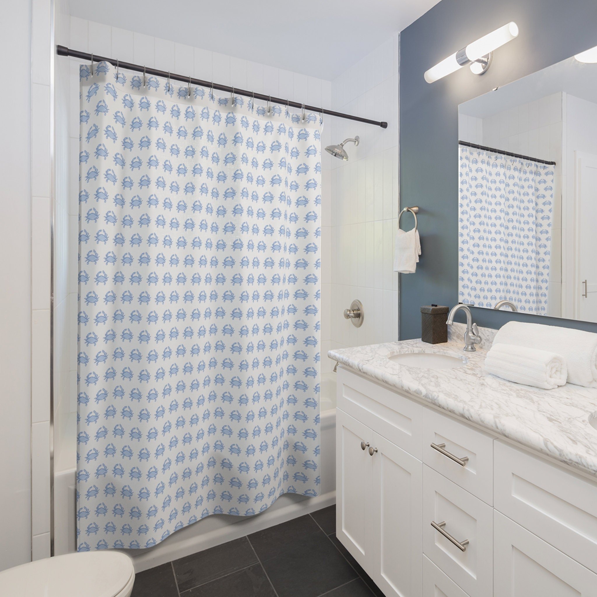 White and Blue Crab Shower Curtain in a White Bathroom