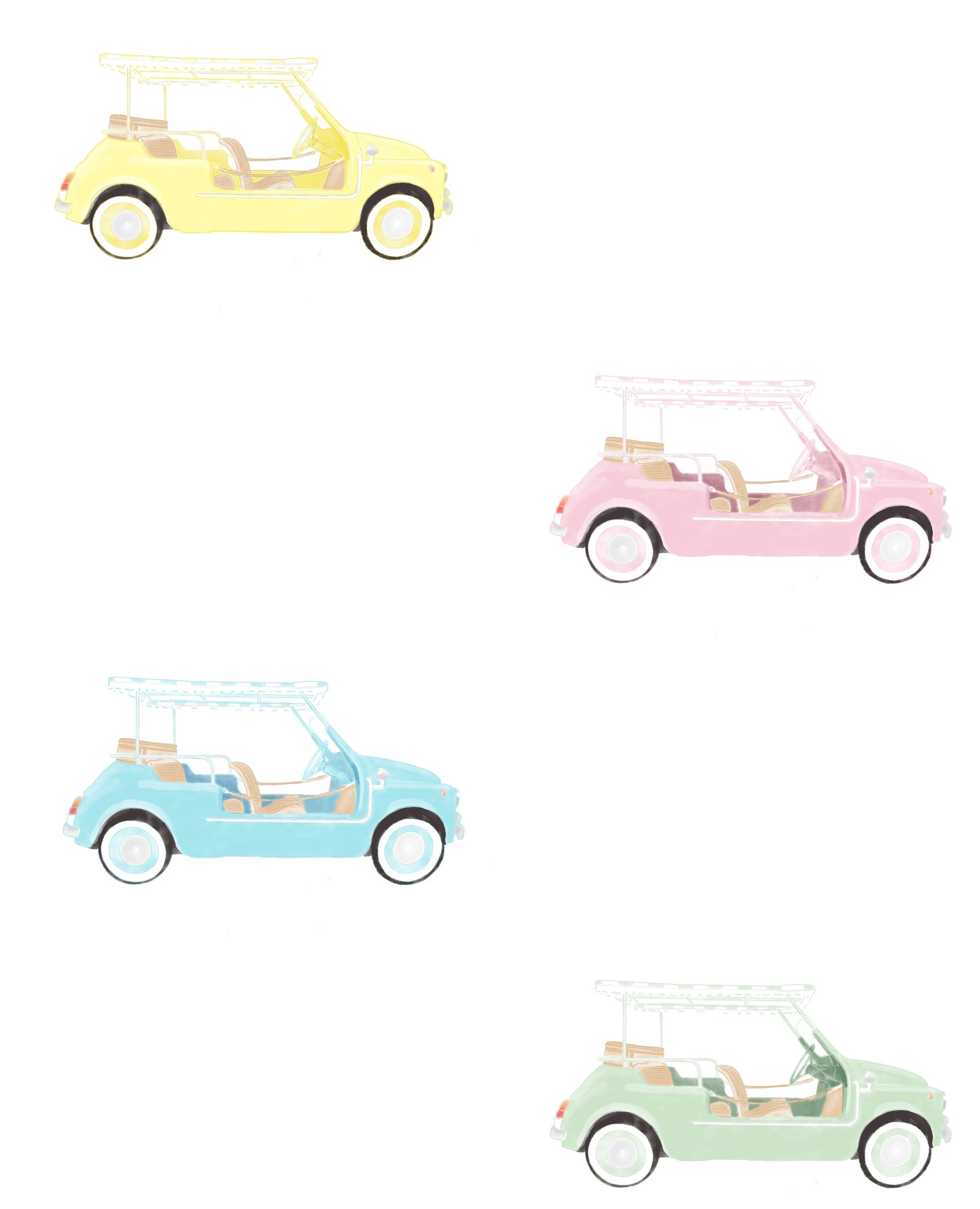 Close up of a custom pattern designed for Hampton Jollys featuring their vintage Fiat 500s in pink and green