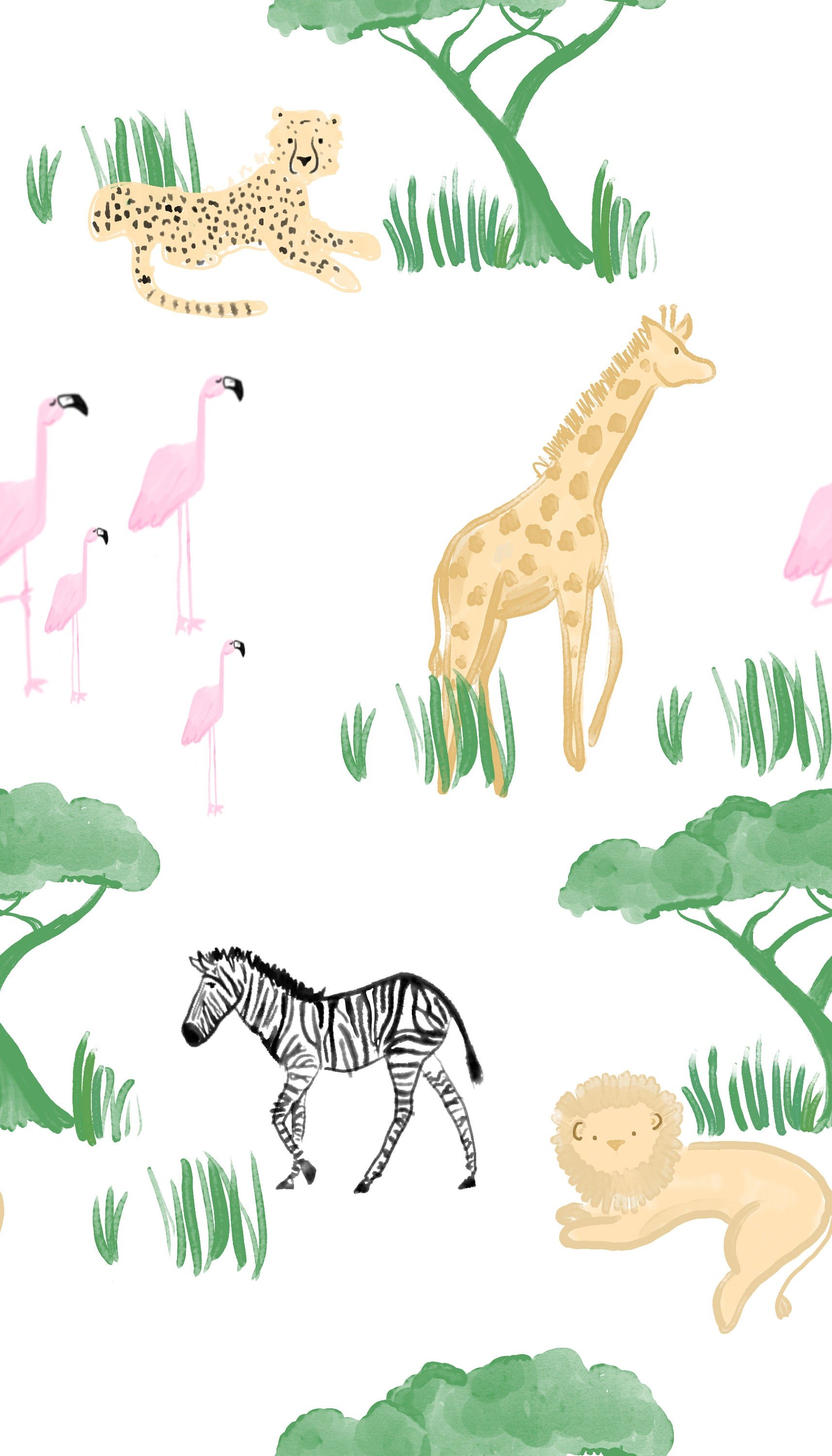Example of a custom designed wallpaper that is safari animals and grass in pastel colors