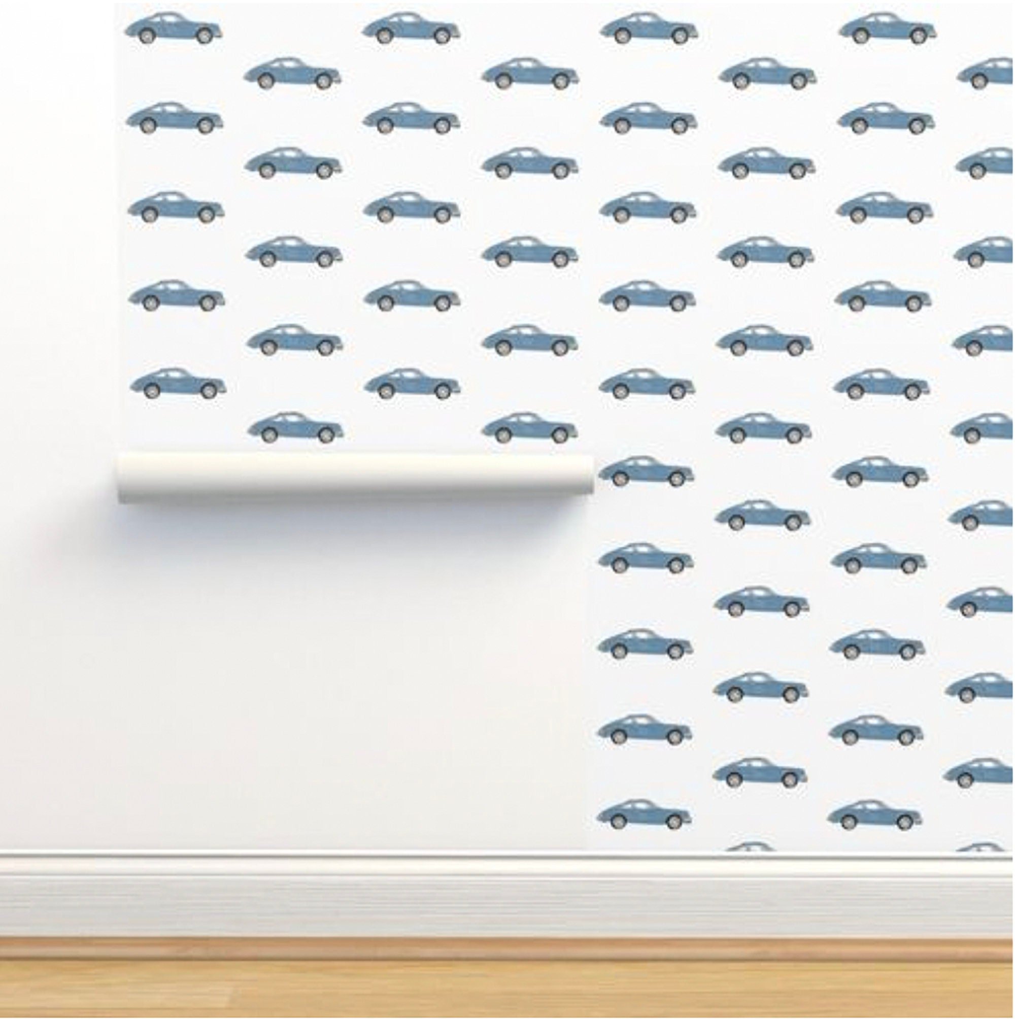 Pre-Pasted nursery wallpaper featuring navy Porsche 911