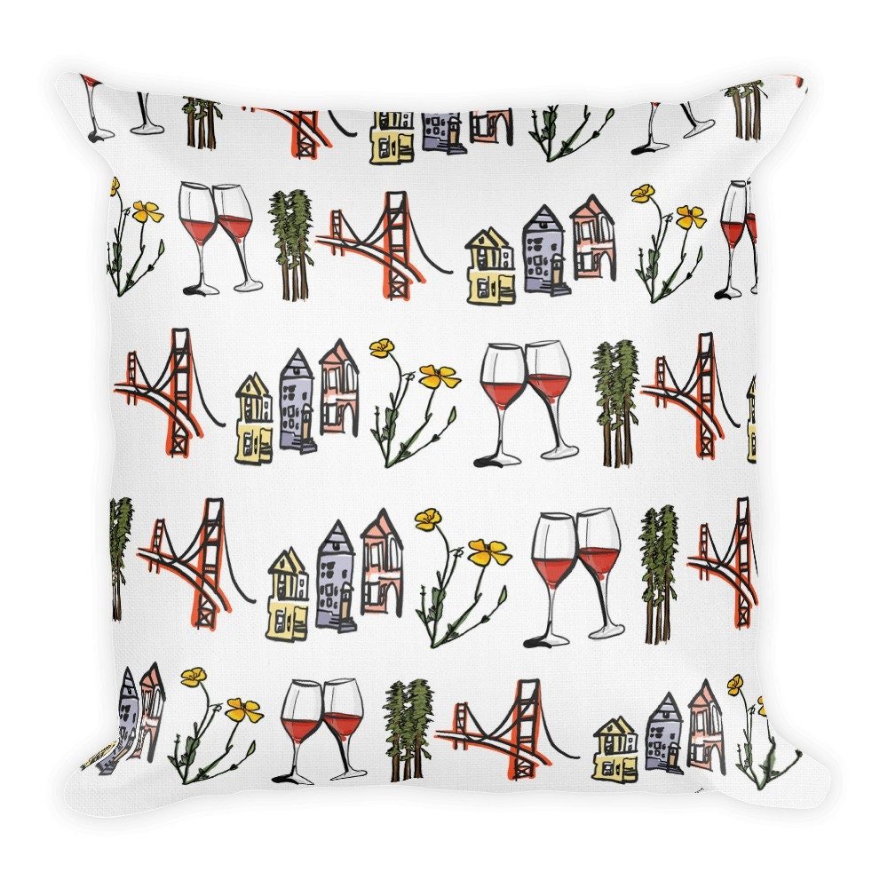 San Francisco Toile Square Pillow. Toile features the Golden Gate Bridge, Painted Ladies, Glasses of Red Wine, and a California Poppy