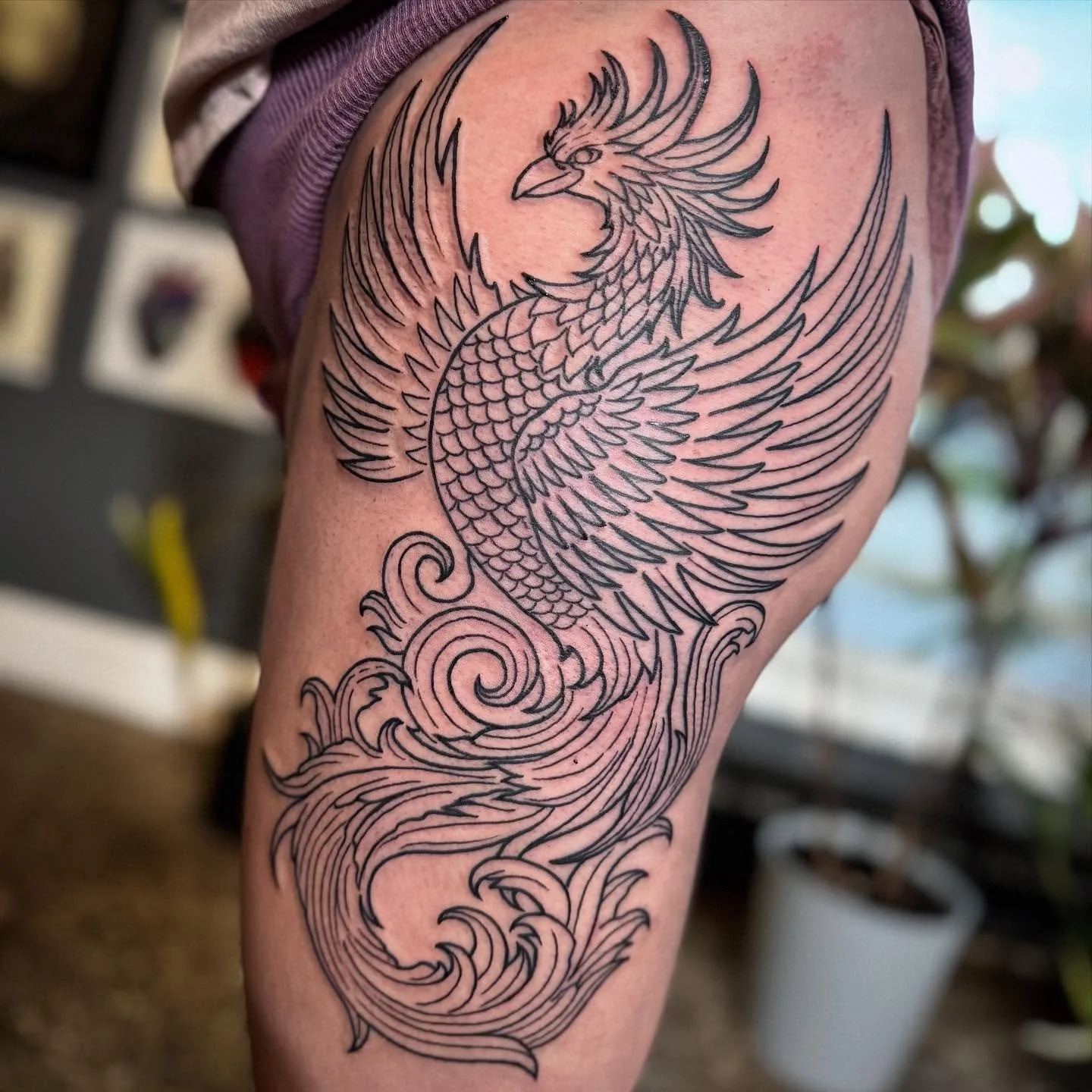 Big hip phoenix for @stonedscorpioo 
Just the lines for now. Normally I don&rsquo;t like to post unfinished tattoos but I thought this one was cool. Can&rsquo;t wait to fill it in. 
I have some days left in March and booking April. You can send me a 