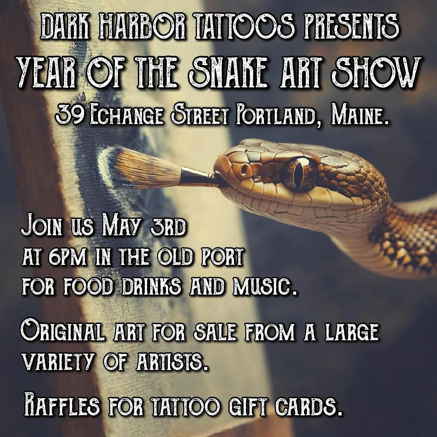 We are gonna be throwing a big art show at the Exchange street shop May 3! Come on by and check out all the cool snake art from a collection of artist from all over.
There will be free food and drinks, and original art work for sale along with some m