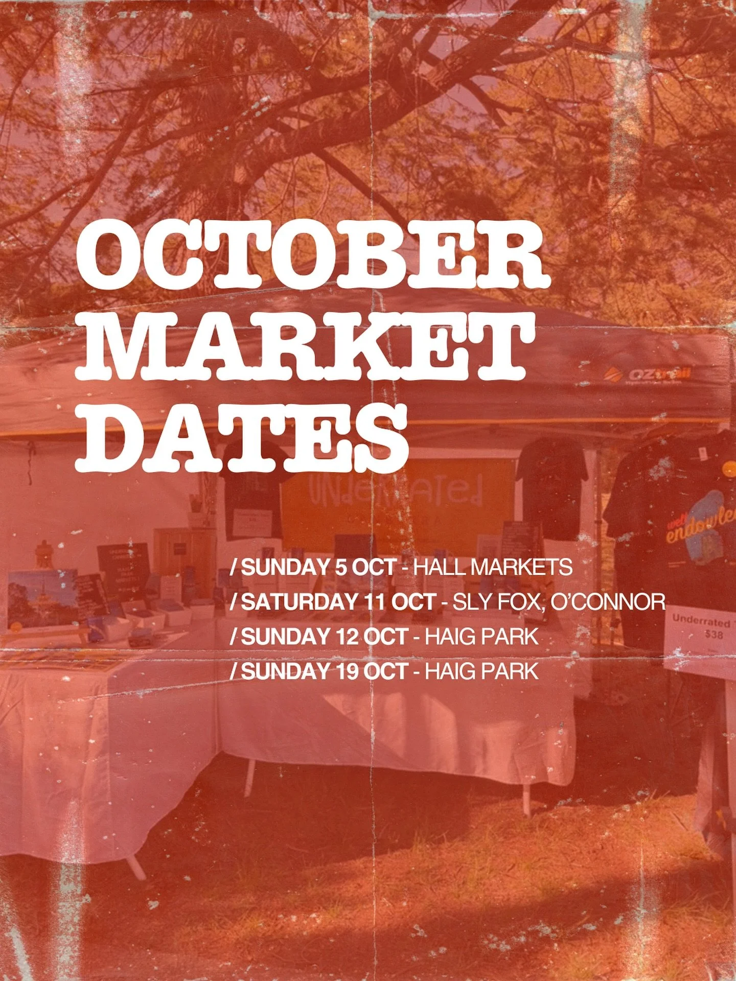 ✨Want to know where to find us this October? 🛍️
Upcoming Market Dates:
Sunday 5th - Heartly Hall Markets
Saturday 11th - Sly Fox (on the bike path in O&rsquo;Connor)
Sunday 12th - Haig Park Village Market 
Sunday 19th - Haig Park Village Market

#un