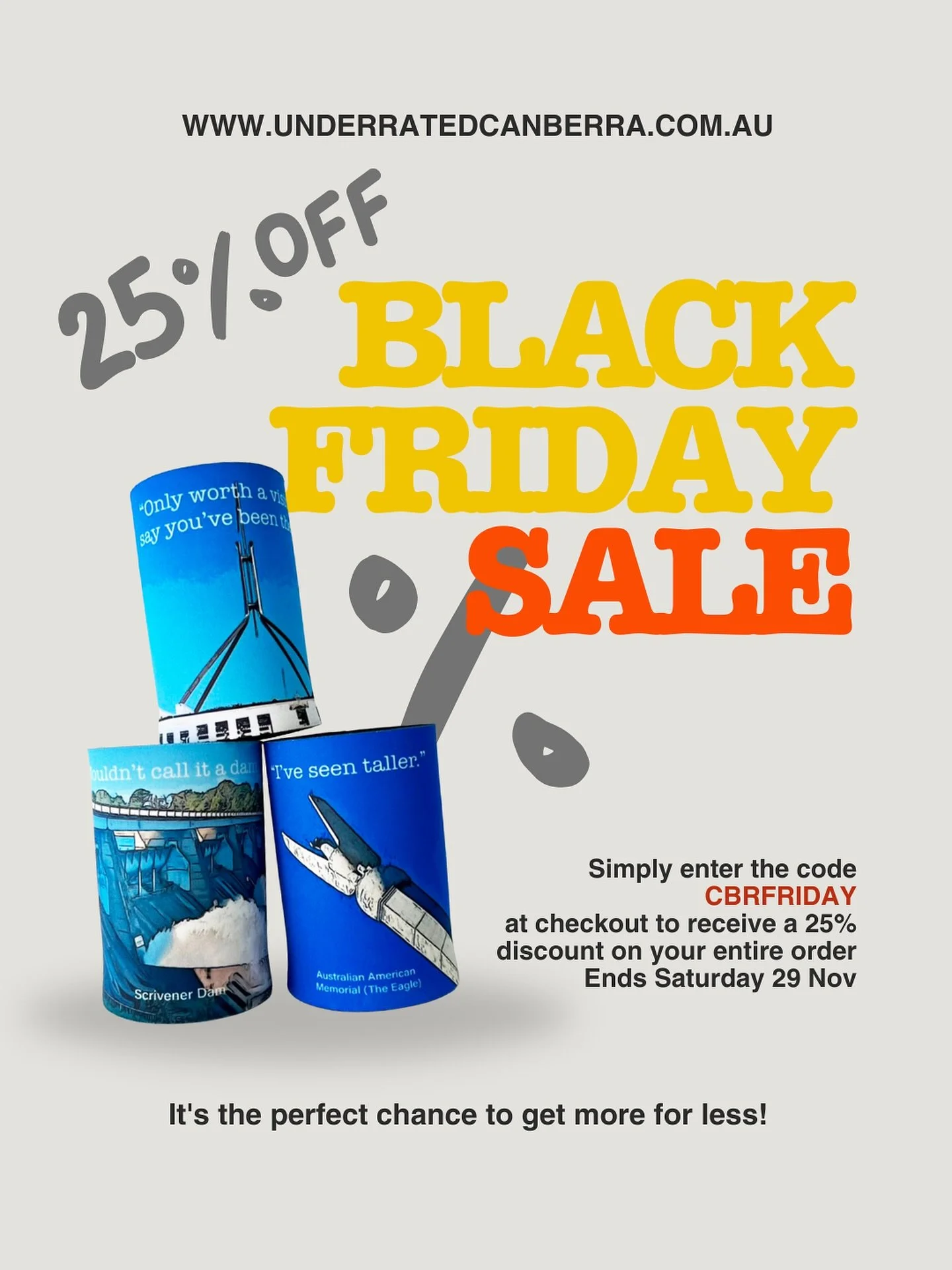 Canberra icons&hellip; now 25% cheaper 😏
From &ldquo;important but boring&rdquo; tees to Belco Owl stubby holders &mdash; it&rsquo;s all 25% off for Black Friday 🖤
Use code CBRFRIDAY before we come to our senses.
More disconts avaliable at the m