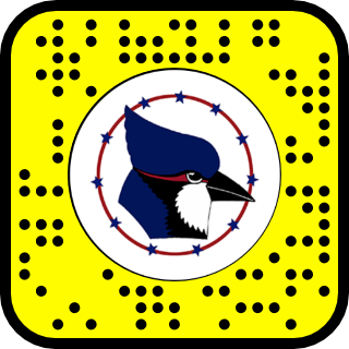 Yellow Snapcode with a logo of a blue and white bird's head inside a circle with red and blue stars
