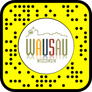 Snapchat QR code for Wausau, Wisconsin with city skyline illustration and text