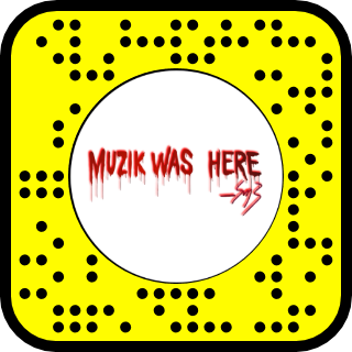 Snapchat code with a sign that reads 'MUZIK WAS HERE' in red, dripping font, on a white background inside a yellow outline with black dots.