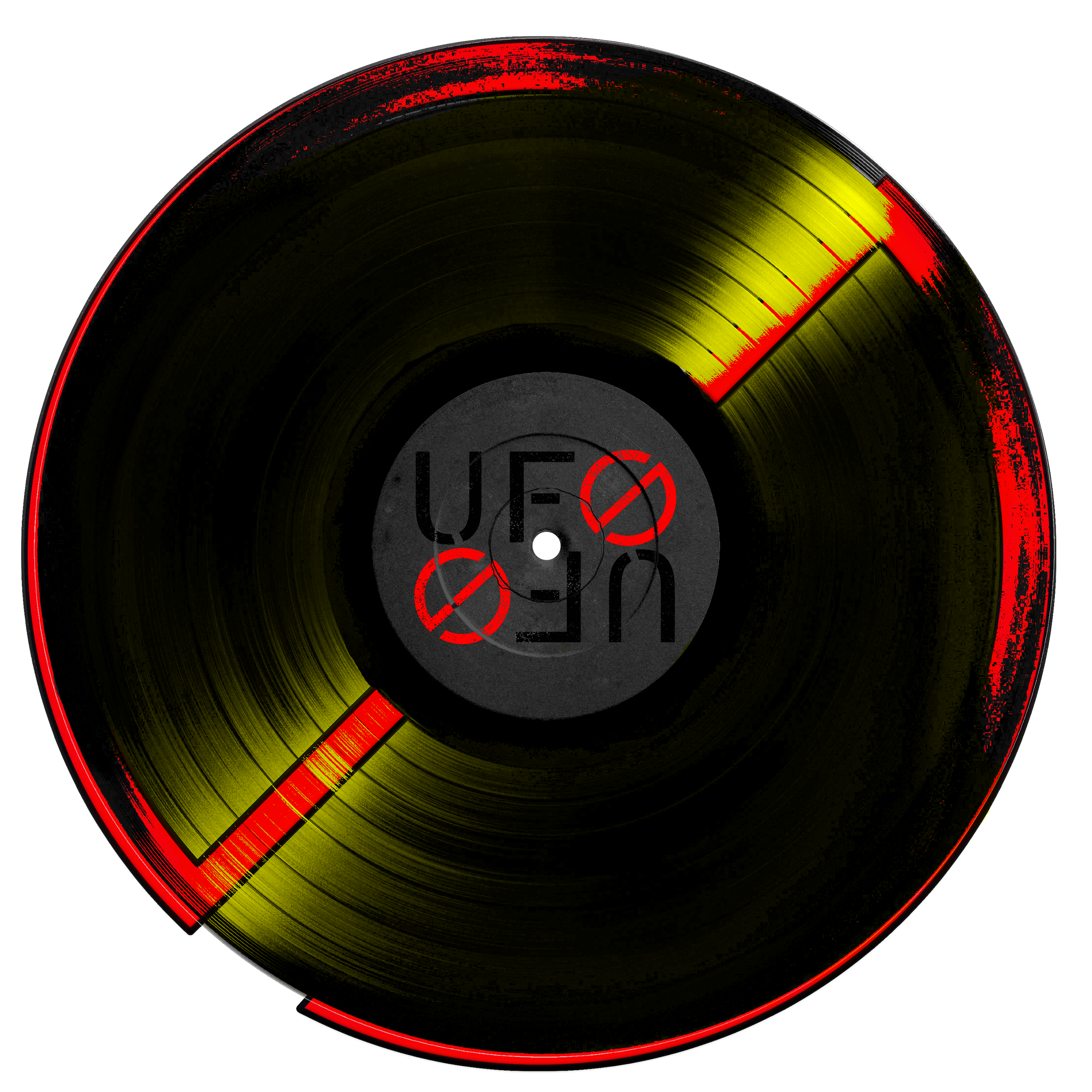 Close-up of a vinyl record with a black surface, red and yellow markings near the edges, and the words 'LIFE' and a red circle with a slash through it in the center.